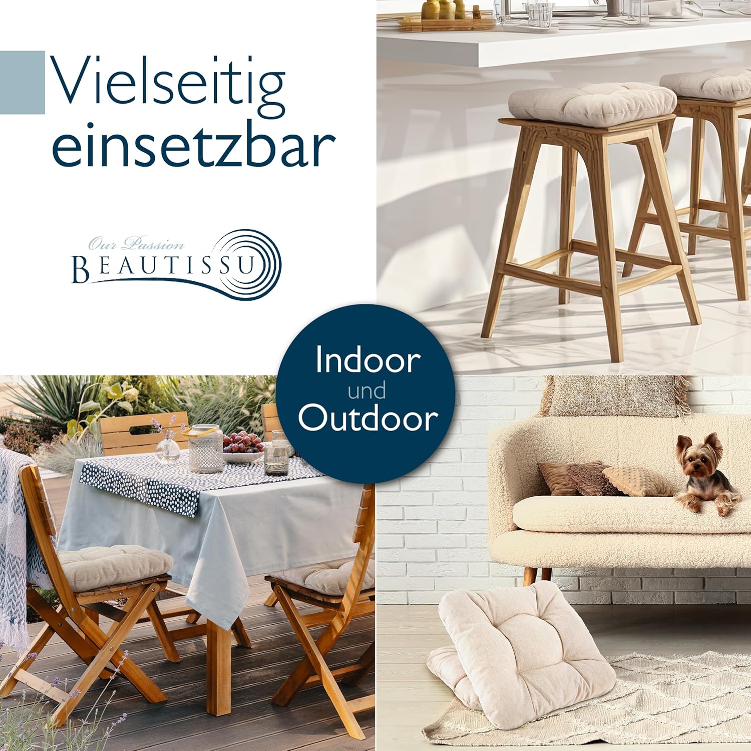 Beautissu 4er Set Premium Stuhlkissen 40 x 40 cm, natürliches, UV-beständiges & robustes Outdoor-Sitzkissen, 8 cm dickes Kissen für Balkonstühle, Gartenstuhl-Sitzkissen, Innenkissen – HighLux SK – Bild 6