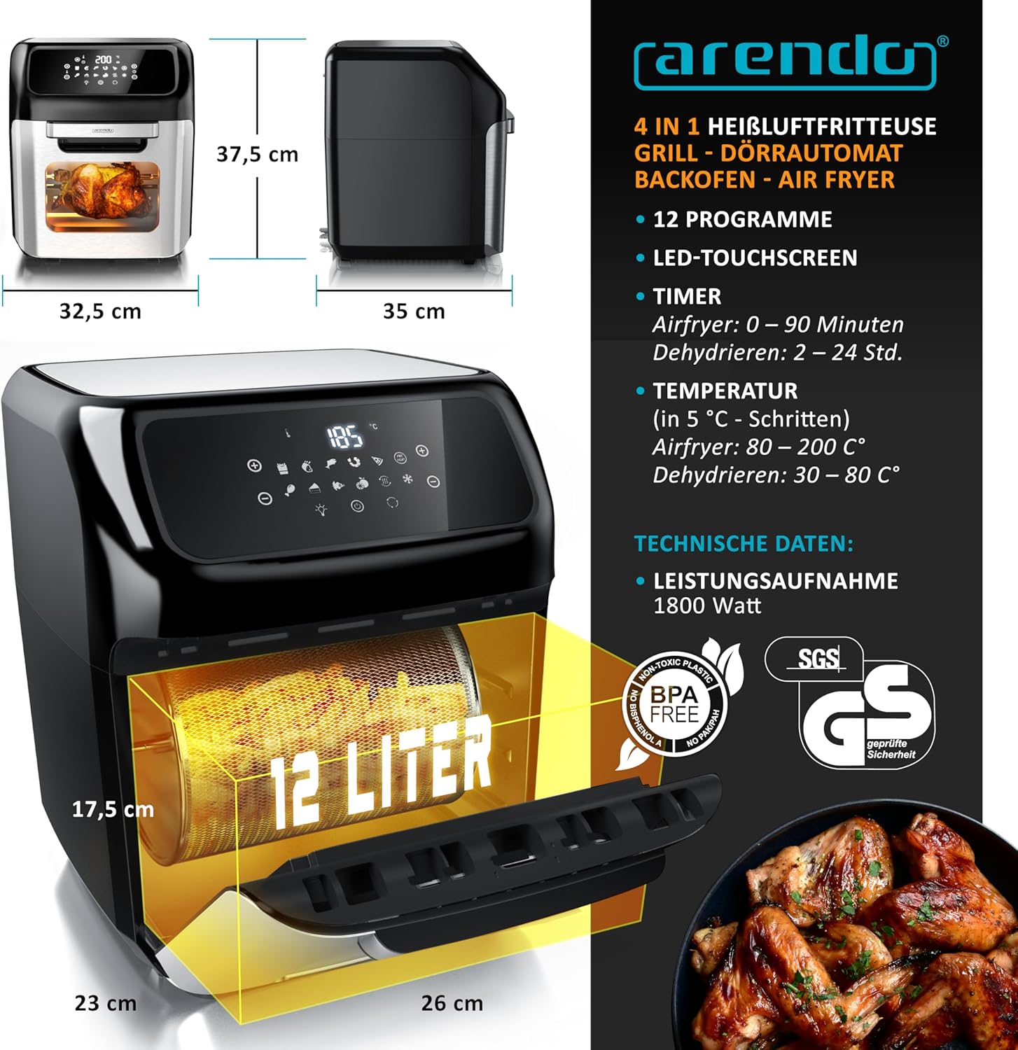 Arendo – 4-in-1-Heißluftfritteuse 12 Liter – Grill – Dörrgerät – Ofen – Heißluftfritteuse – LED-Touchscreen – einfach und sauber – Fritteusen-Rotationsgrill ohne Öl – Konvektion – Pizza-Hähnchen-Chips – BPA-frei – Bild 2