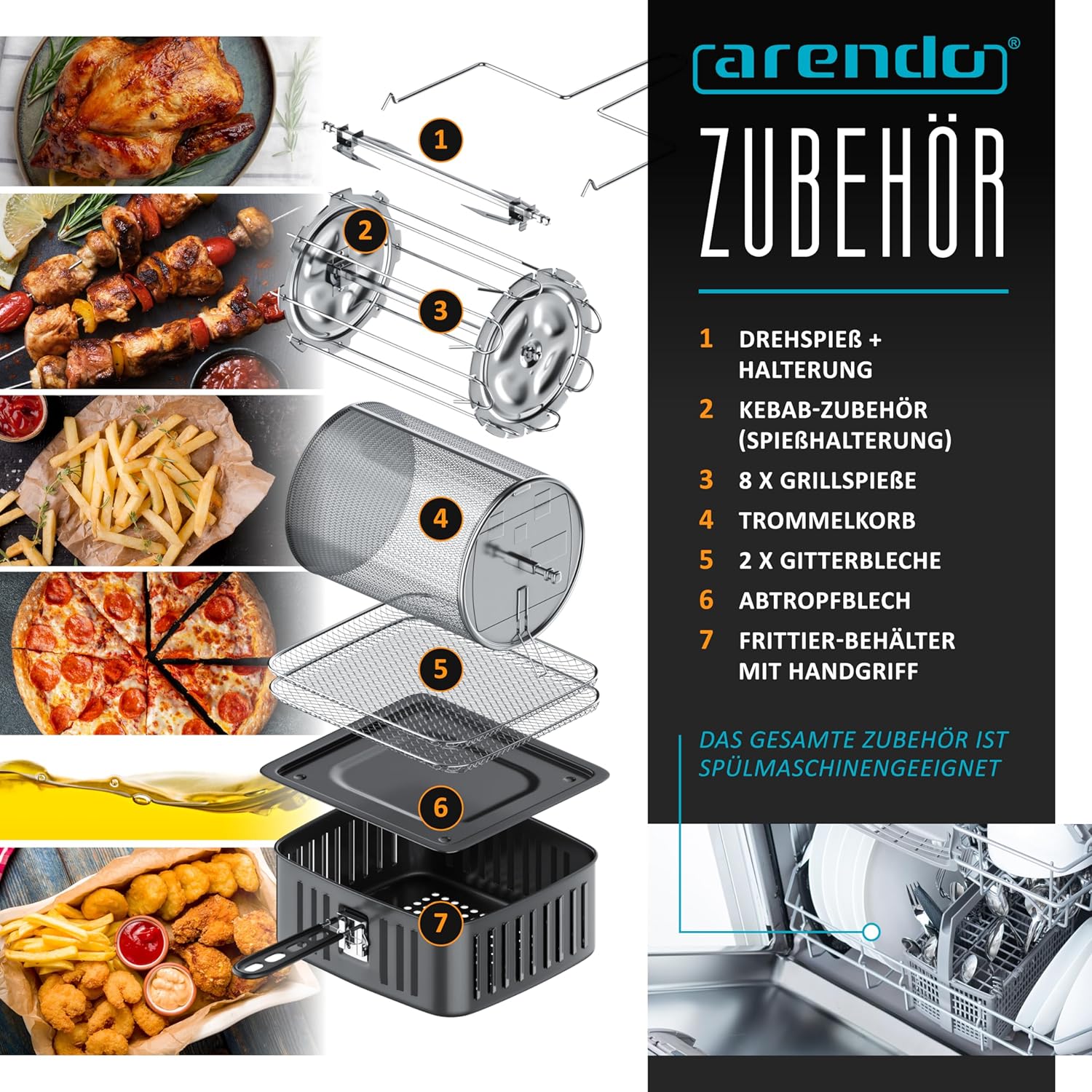 Arendo – 4-in-1-Heißluftfritteuse 12 Liter – Grill – Dörrgerät – Ofen – Heißluftfritteuse – LED-Touchscreen – einfach und sauber – Fritteusen-Rotationsgrill ohne Öl – Konvektion – Pizza-Hähnchen-Chips – BPA-frei – Bild 3