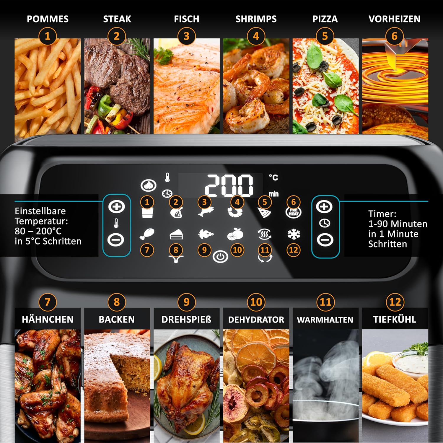 Arendo – 4-in-1-Heißluftfritteuse 12 Liter – Grill – Dörrgerät – Ofen – Heißluftfritteuse – LED-Touchscreen – einfach und sauber – Fritteusen-Rotationsgrill ohne Öl – Konvektion – Pizza-Hähnchen-Chips – BPA-frei – Bild 4