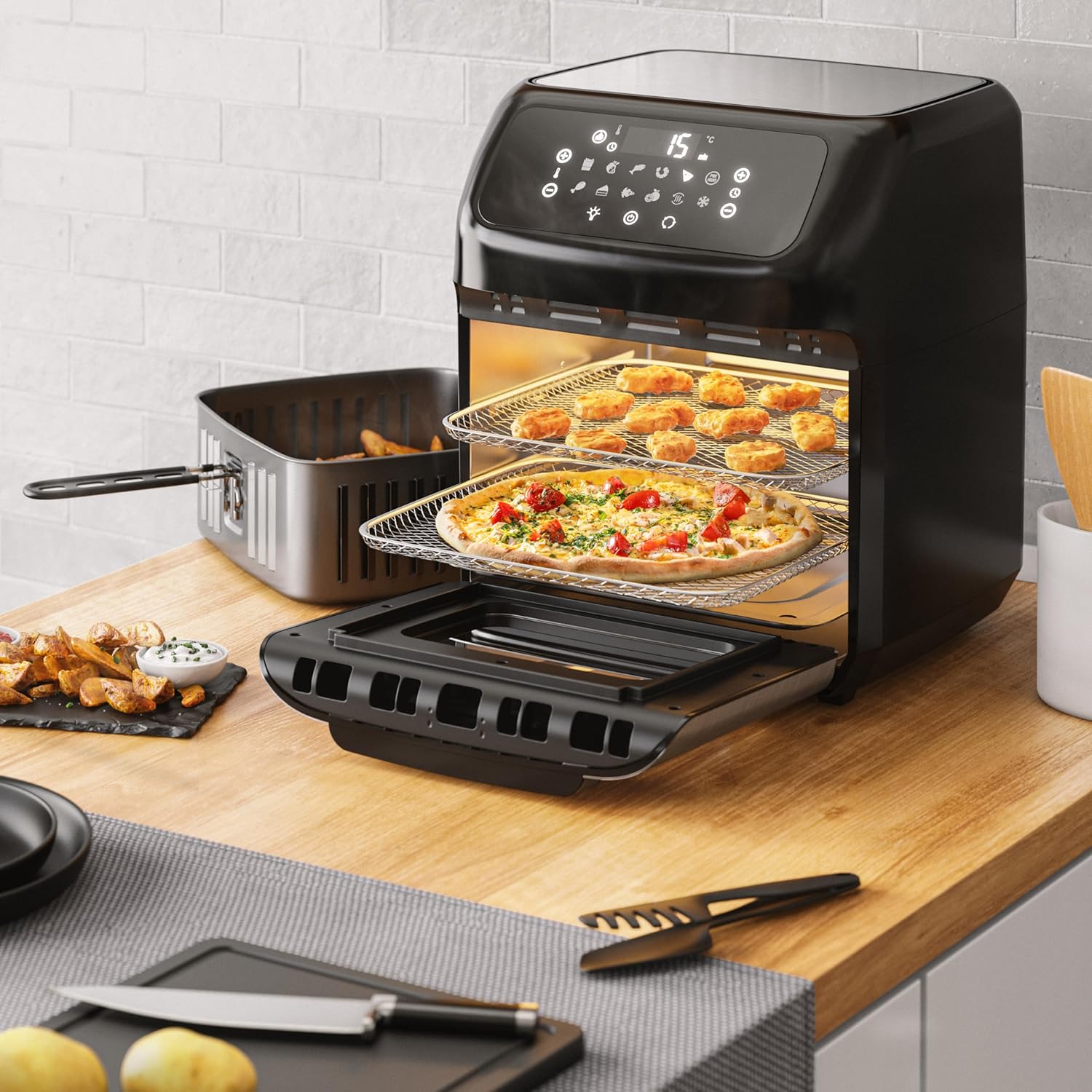 Arendo – 4-in-1-Heißluftfritteuse 12 Liter – Grill – Dörrgerät – Ofen – Heißluftfritteuse – LED-Touchscreen – einfach und sauber – Fritteusen-Rotationsgrill ohne Öl – Konvektion – Pizza-Hähnchen-Chips – BPA-frei – Bild 6