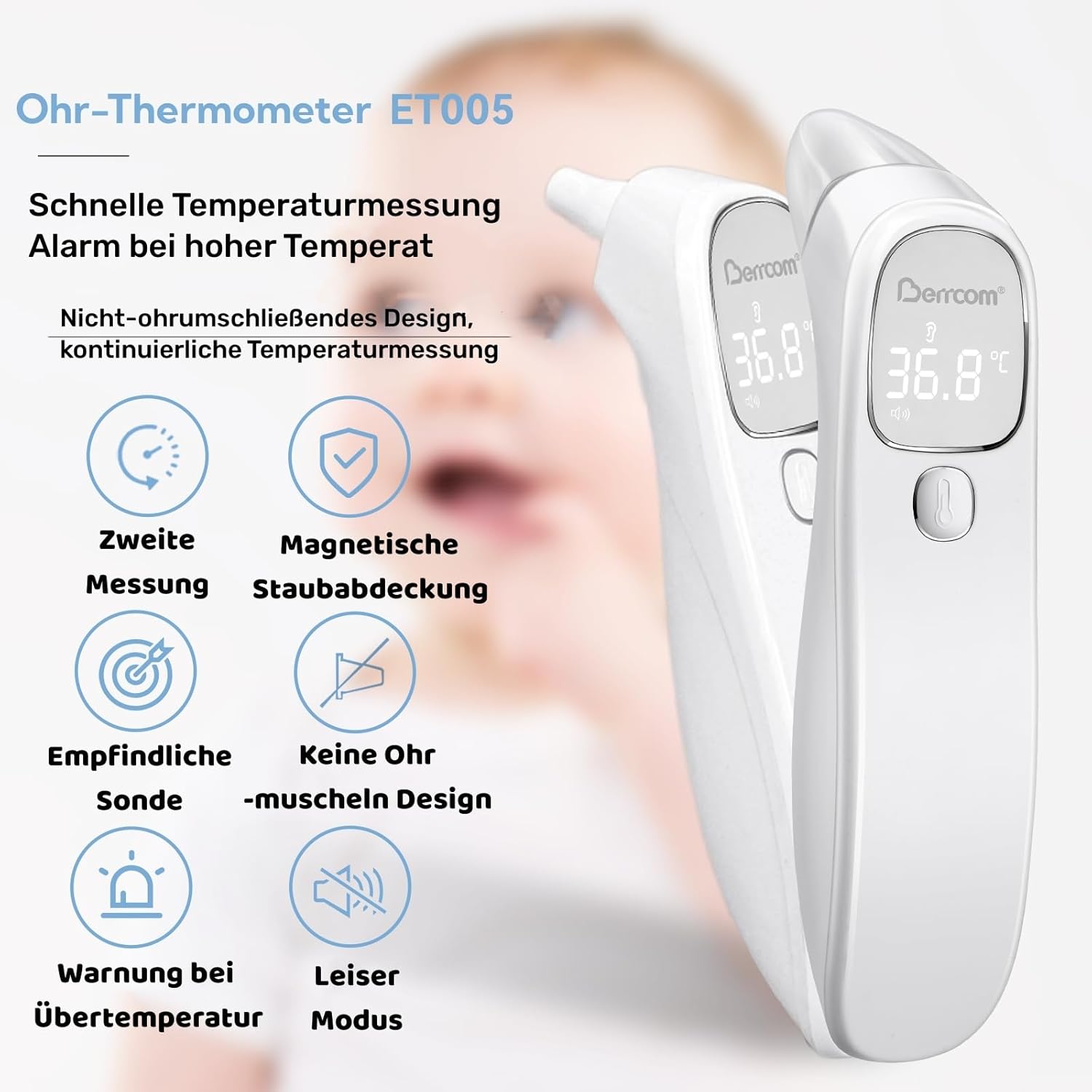 Berrcom Fieberthermometer, kontaktloses Stirn- und Ohrthermometer, digitales medizinisches Thermometer, Infrarot-Stirnthermometer für Babys, Erwachsene, mit Fieberalarm, sofortiger Ablesung, °C/°F-Umschaltung – Bild 3
