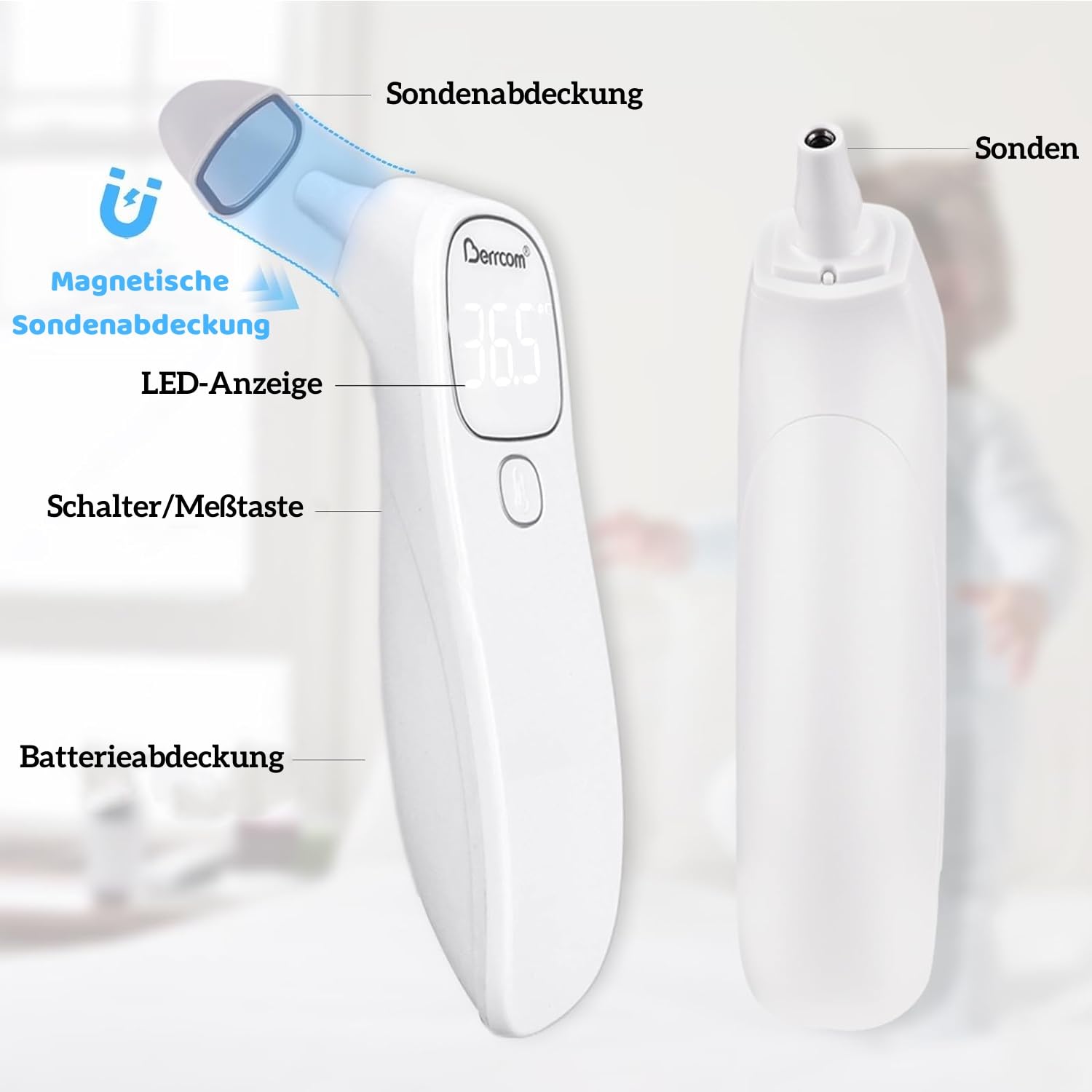 Berrcom Fieberthermometer, kontaktloses Stirn- und Ohrthermometer, digitales medizinisches Thermometer, Infrarot-Stirnthermometer für Babys, Erwachsene, mit Fieberalarm, sofortiger Ablesung, °C/°F-Umschaltung – Bild 4