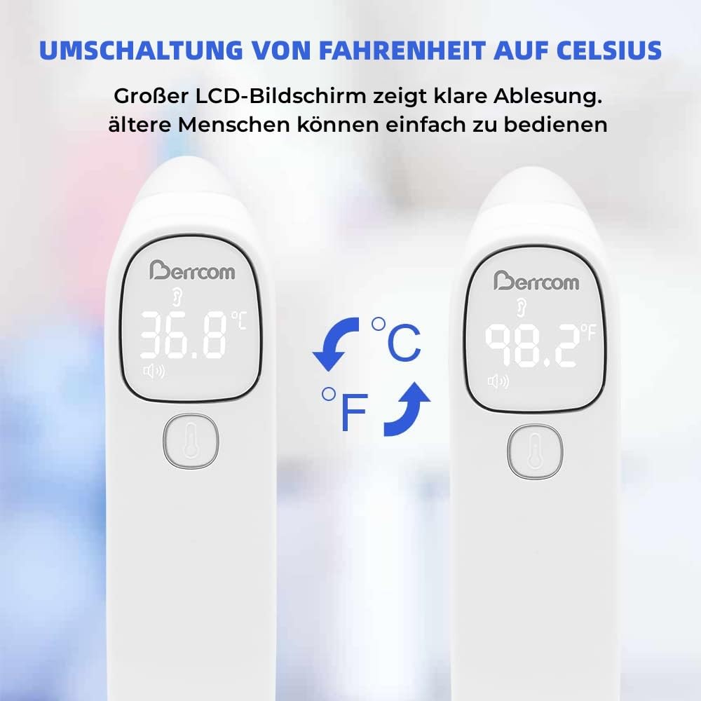 Berrcom Fieberthermometer, kontaktloses Stirn- und Ohrthermometer, digitales medizinisches Thermometer, Infrarot-Stirnthermometer für Babys, Erwachsene, mit Fieberalarm, sofortiger Ablesung, °C/°F-Umschaltung – Bild 6