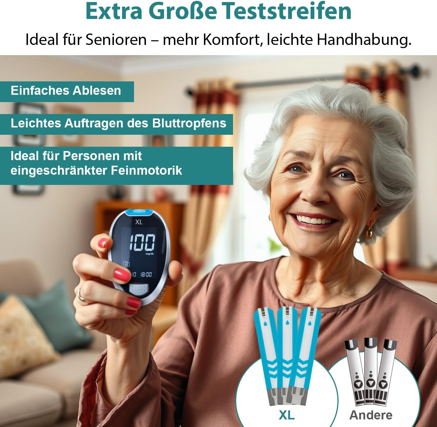 GlucoCheck XL Blutzucker-Teststreifen, 50 Stück, zur Kontrolle des Blutzuckerwertes – verwendbar mit dem GlucoCheck XL Blutzuckermessgerät – Bild 2