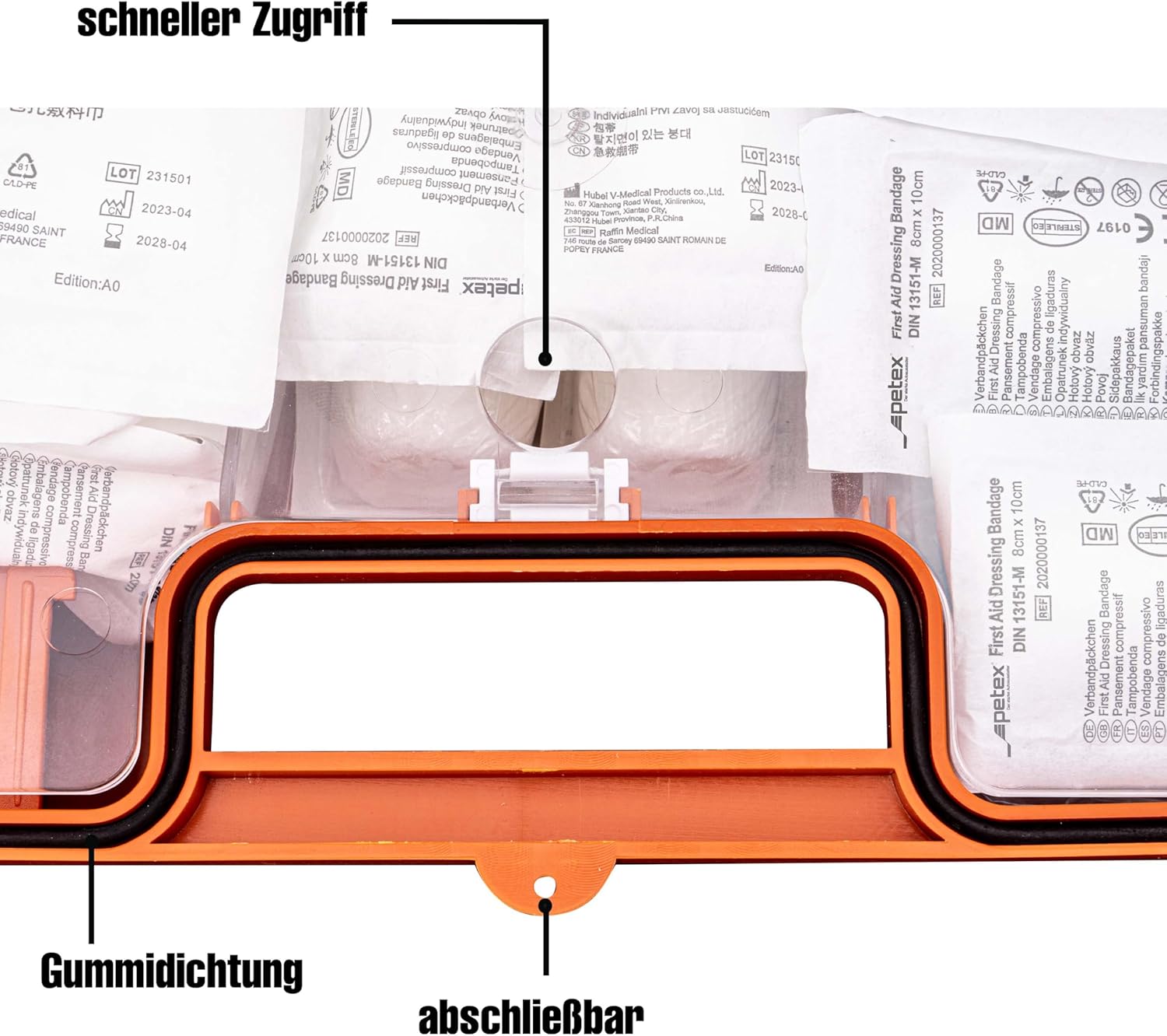 PETEX Profi-Erste-Hilfe-Set mit Inhalt nach DIN 13169, inkl. praktischer Wandhalterung, 5 x Aufkleber, Erste-Hilfe-Koffer, orangefarbenes Erste-Hilfe-Set für Gewerbe, Büro, Baustelle – Bild 6