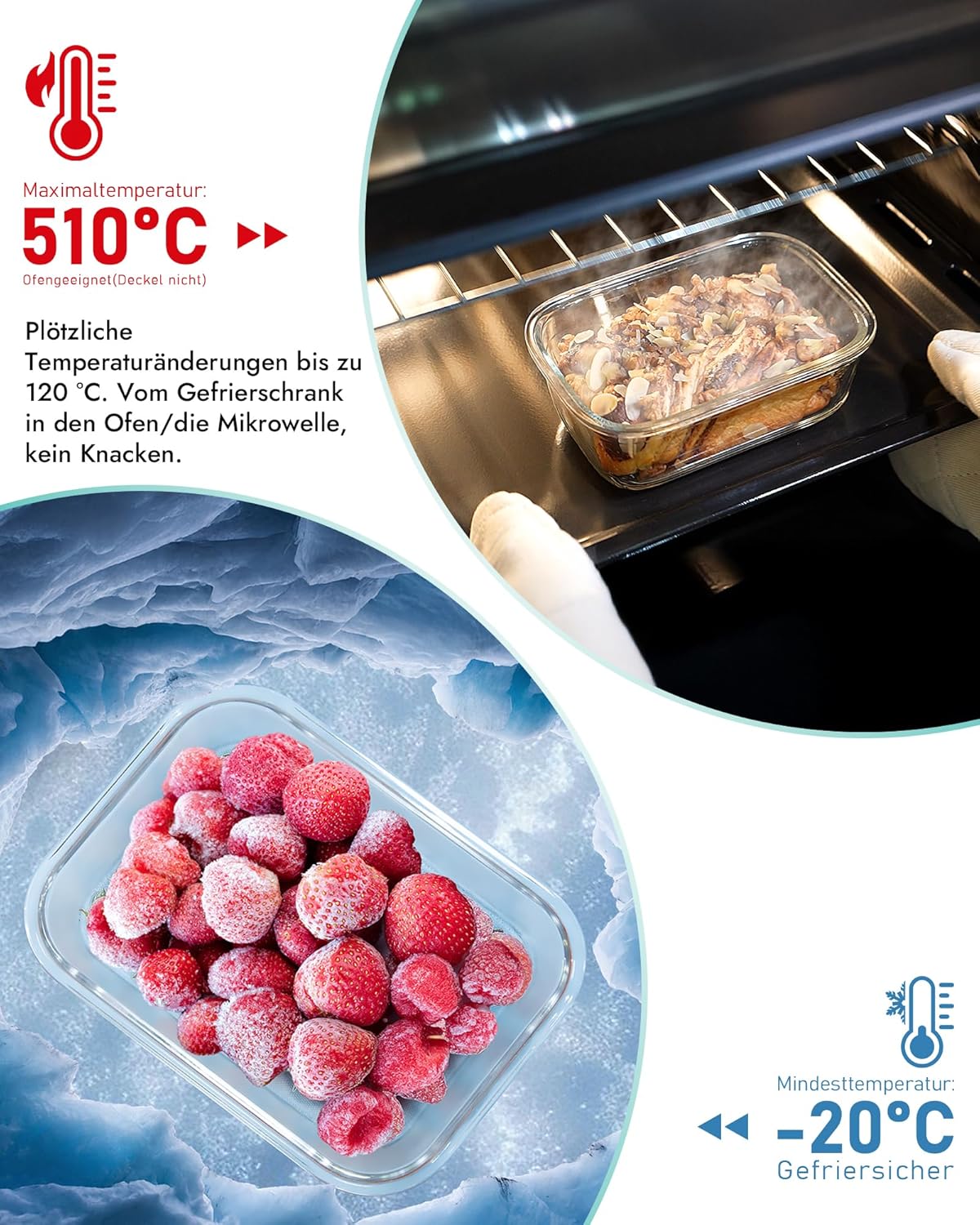Frischhaltedosen aus Glas mit Deckel, 6er-Set – spülmaschinenfest, ofenfest (-20 °C ~ 510 °C) – und gefriergeeignet – Glasbehälter für die Zubereitung von Mahlzeiten, luftdichte Vorratsgläser für die Küche und unterwegs – Bild 4