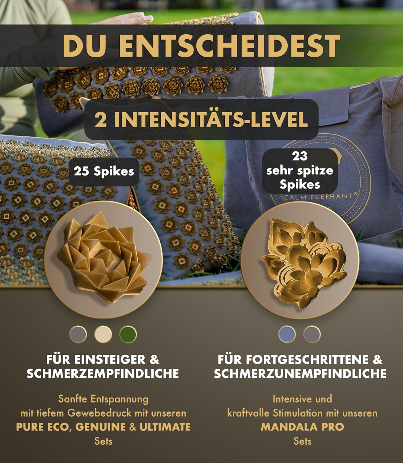 CALM ELEPHANT ORIGINAL Akupressurmatte XXL, große Größe, intensiv für fortgeschrittene Benutzer – Mandala Pro XXL Premium-Set (+158 % mehr Fläche und extra spitze Spitzen) – Verspannungen lösen, Akupunkturmatte, grau – Bild 8