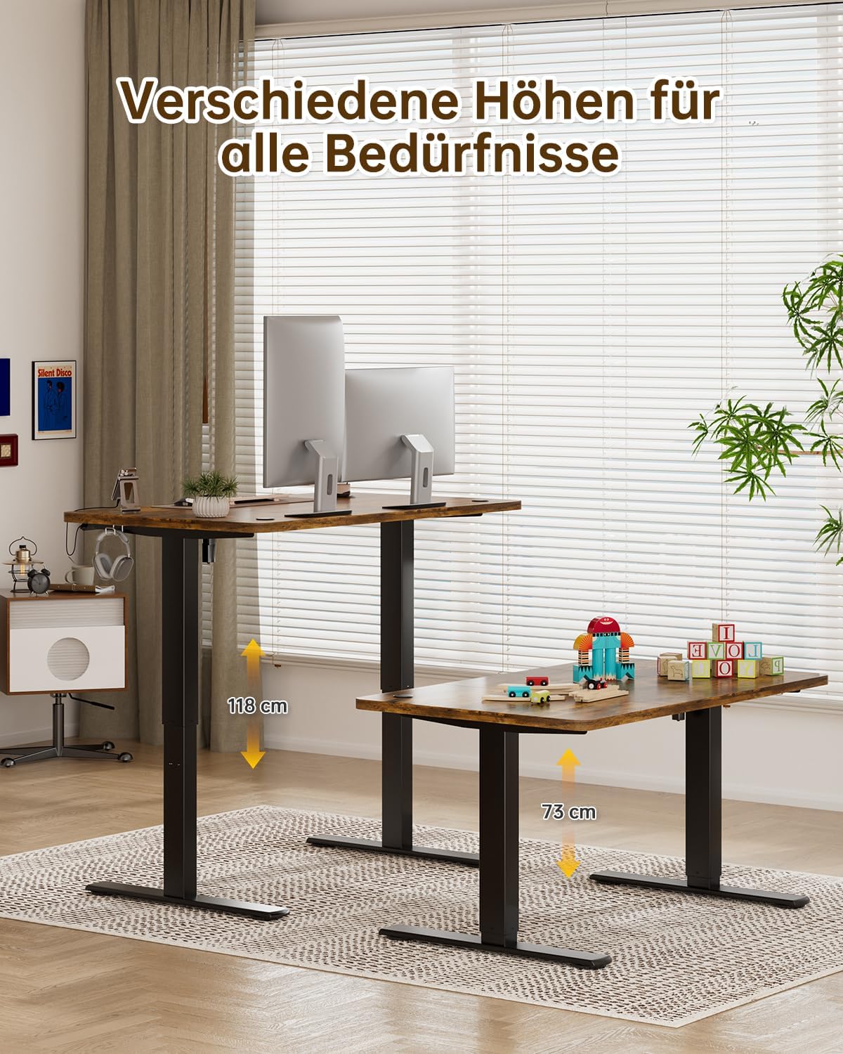 JUMMICO Höhenverstellbarer elektrischer Schreibtisch 120 x 60 cm mit USB-Ladeanschluss, höhenverstellbar, ergonomischer Stehsitztisch, braun – Bild 4