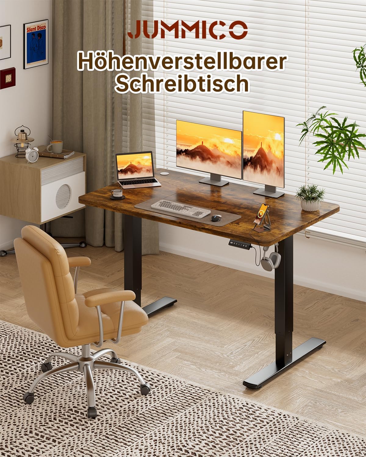JUMMICO Höhenverstellbarer elektrischer Schreibtisch 120 x 60 cm mit USB-Ladeanschluss, höhenverstellbar, ergonomischer Stehsitztisch, braun – Bild 5