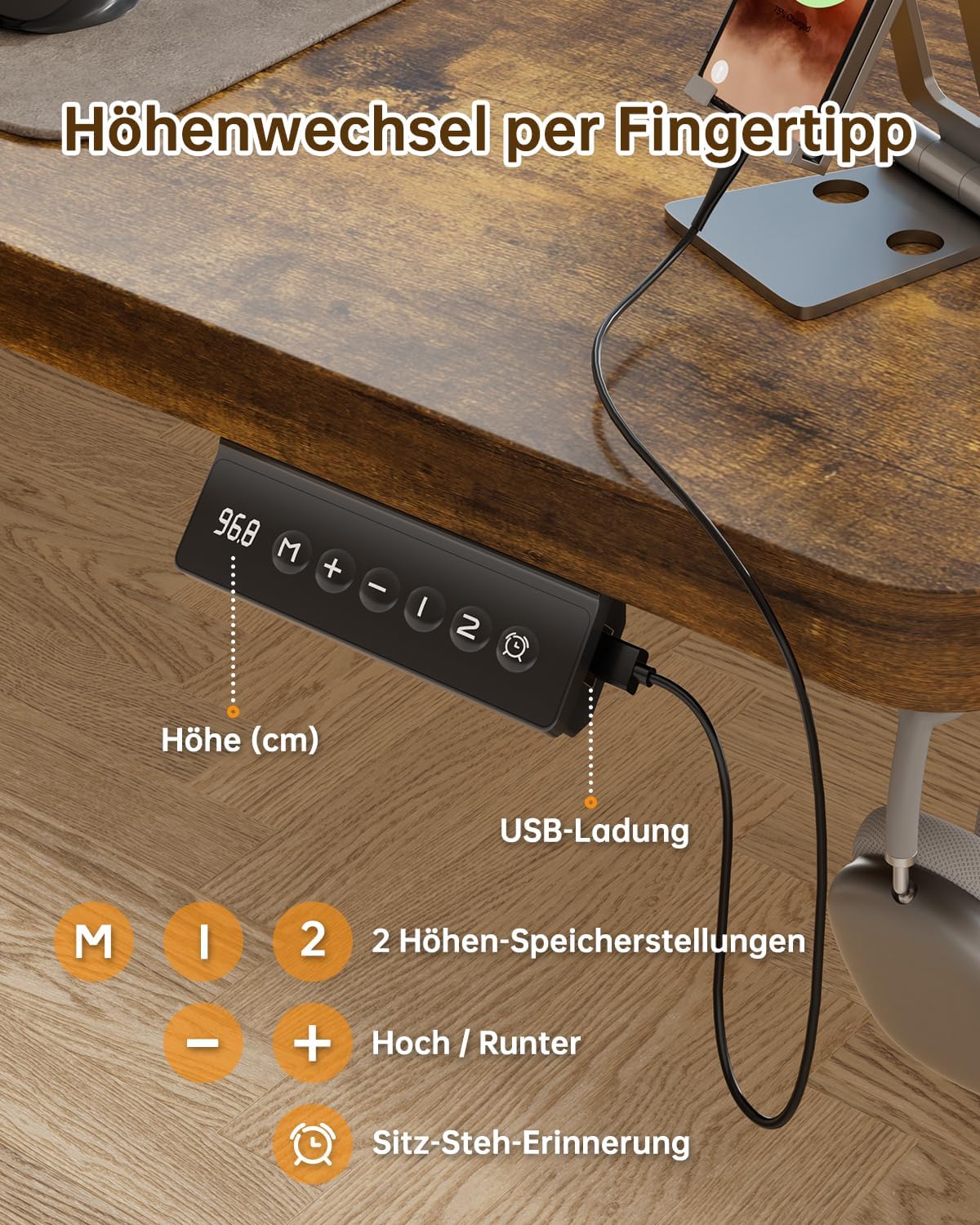 JUMMICO Höhenverstellbarer elektrischer Schreibtisch 120 x 60 cm mit USB-Ladeanschluss, höhenverstellbar, ergonomischer Stehsitztisch, braun – Bild 6