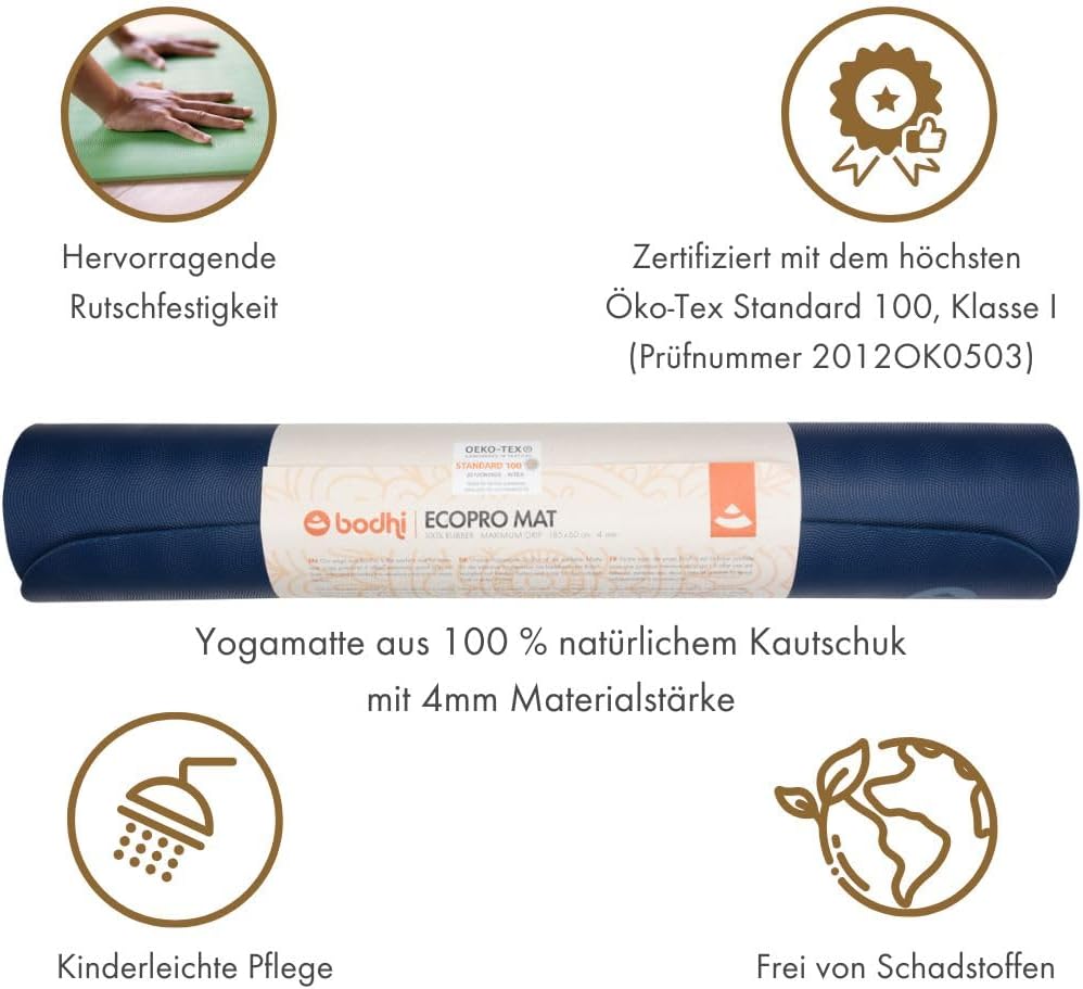 Bodhi Yogamatte Eco Pro XL, 100 % Naturkautschuk, extra lang, extrem rutschfest, ökologisch, professionelle Matte für Yoga & Pilates, ideal für dynamisches Yoga, 200 x 60 x 0,4 cm – Bild 3