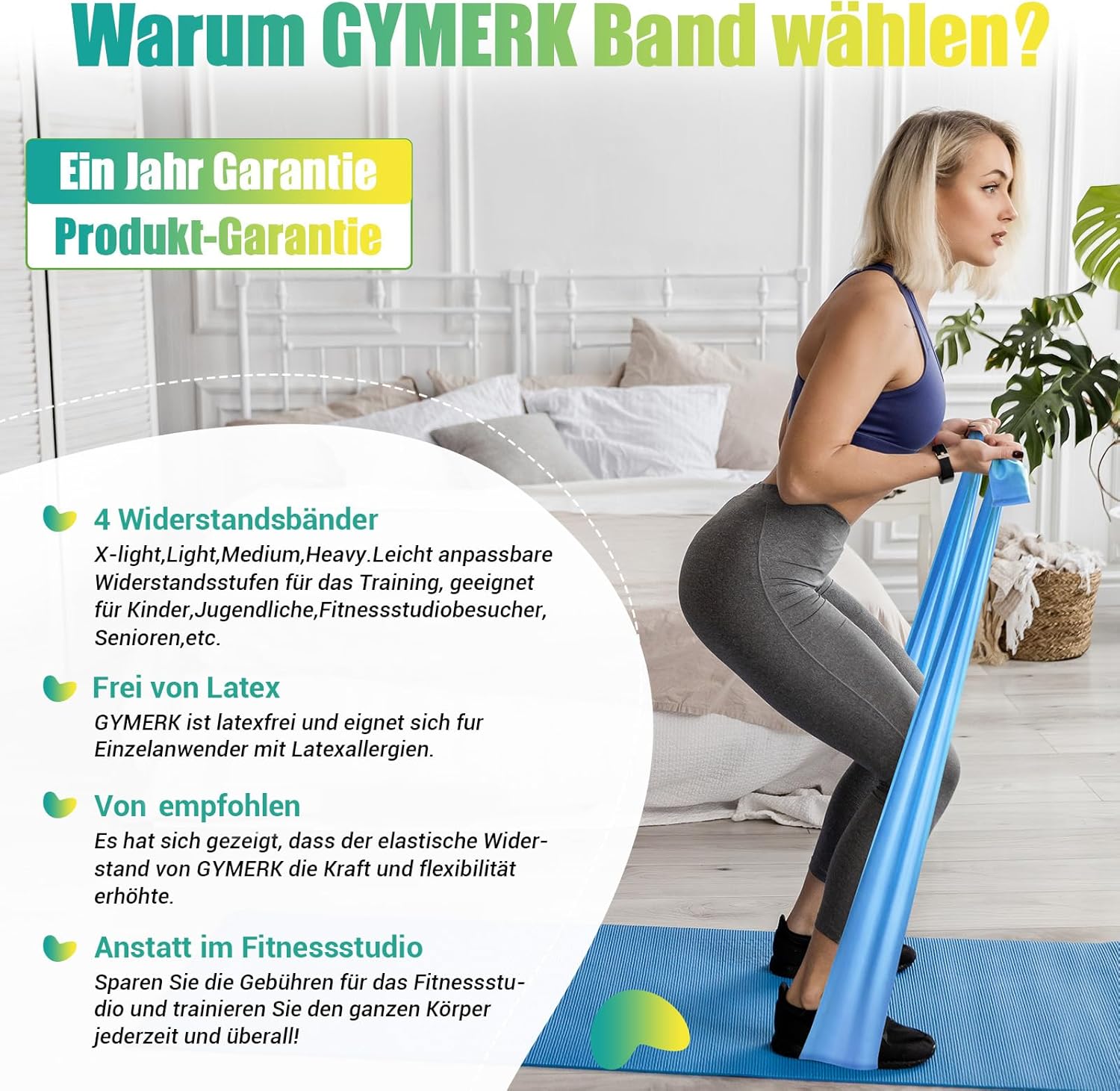GYMERK Fitnessbänder Set 4er, 1,8M/2M Fitnessband, 4 Widerstandsstufen mit Übungsposter, Gymnastikband mit Tragetasche & Übungsanleitung, Ideal für Yoga, Pilates, Muskelaufbau – Bild 3