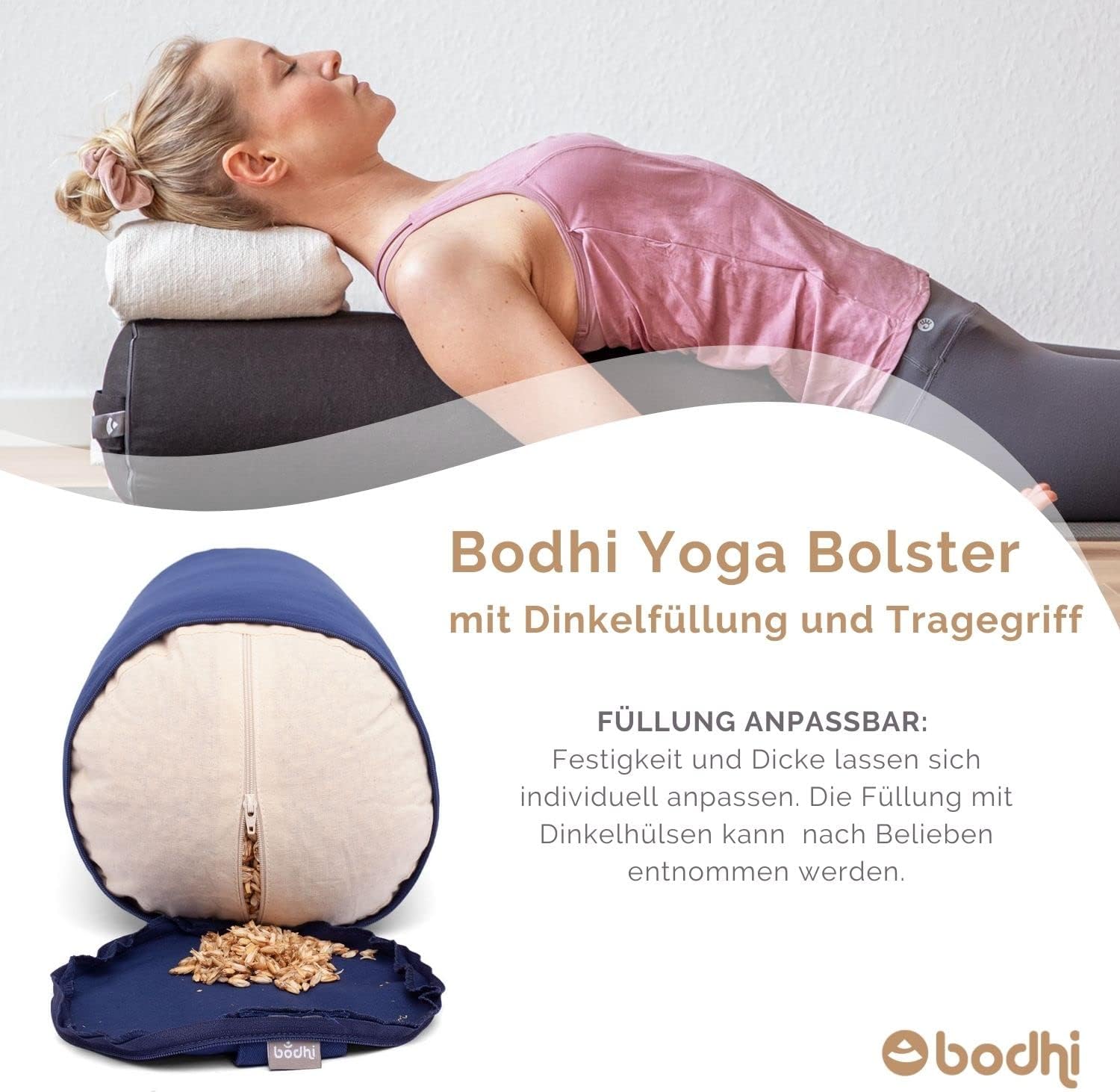 Bodhi Yoga Bolster Rolle Durchmesser 22 cm | Yogarolle mit Bio-Dinkelfüllung | Yogakissen für restauratives und Yin-Yoga | Waschbarer Bezug aus Baumwolle | Pilateskissen mit Tragegurt – Bild 4