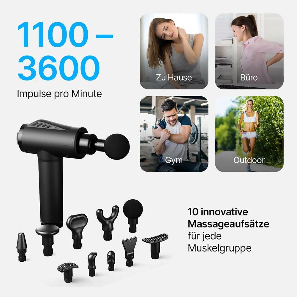 Massagepistole mit 30 Geschwindigkeiten / Massagepistole für Tiefenmuskelmassage mit bis zu 3600 Impulsen/Min. / 10 Aufsätze für Nacken, Rücken & Körper / mit LCD-Touchscreen – Bild 6