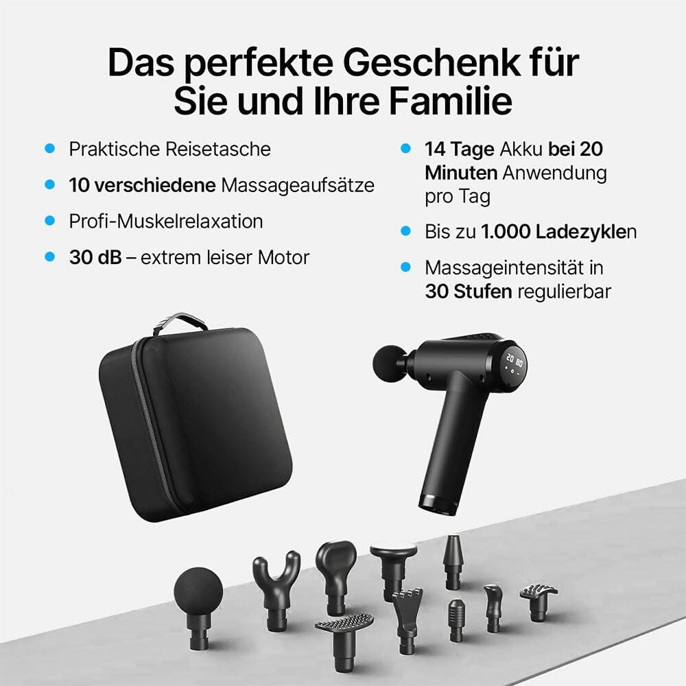 Massagepistole mit 30 Geschwindigkeiten / Massagepistole für Tiefenmuskelmassage mit bis zu 3600 Impulsen/Min. / 10 Aufsätze für Nacken, Rücken & Körper / mit LCD-Touchscreen – Bild 7