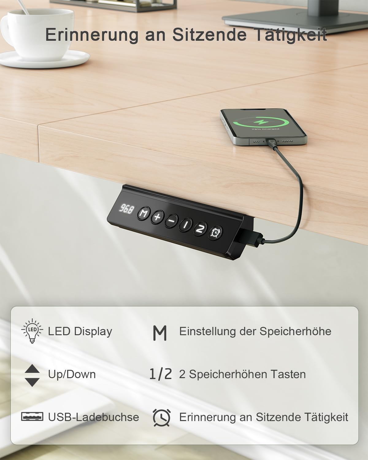 JUMMICO Höhenverstellbarer Schreibtisch mit USB-Ladeanschluss, 120 x 60 cm, elektrischer Schreibtisch, Stehsitz, Tisch, verstellbarer Computertisch, Beige – Bild 4