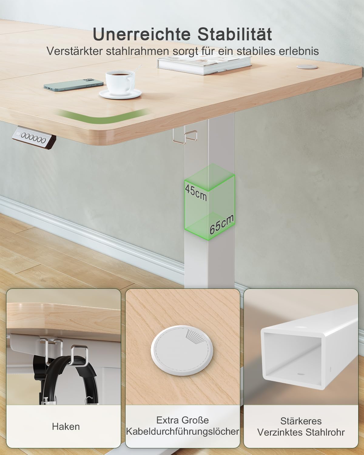 JUMMICO Höhenverstellbarer Schreibtisch mit USB-Ladeanschluss, 120 x 60 cm, elektrischer Schreibtisch, Stehsitz, Tisch, verstellbarer Computertisch, Beige – Bild 5