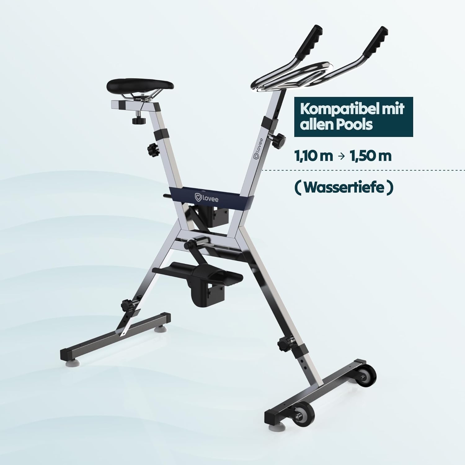 LOVEE Aquabike V2 Doppelmodus-Sport- und Komfort-Poolfahrrad – Edelstahl 316, Chlor- und Meerwasserbeständigkeit – kann auf allen Beschichtungen verwendet werden – 1,10 m bis 1,50 m Tiefe – Bild 2