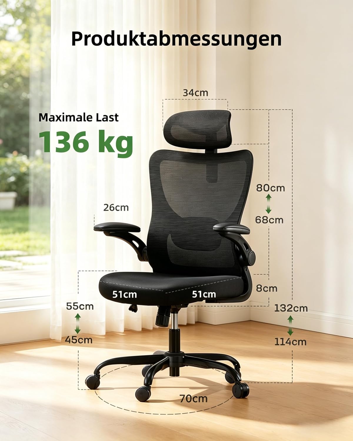 Marsail Ergonomischer Bürostuhl mit verstellbarer Lordosenstütze, Kopfstütze und Armlehne, Höhenverstellung und Wippfunktion, Schwarz – Bild 2