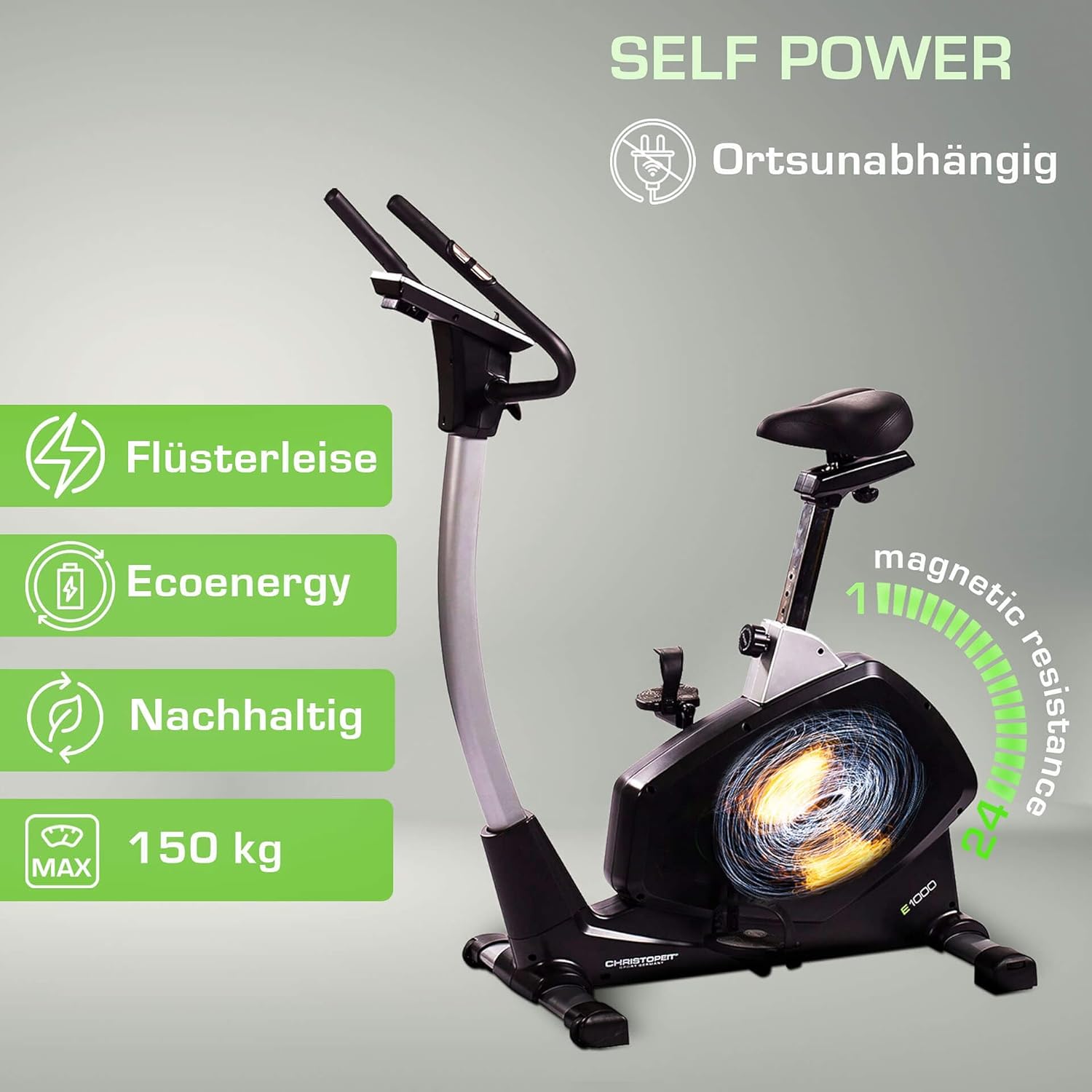 Christopeit Ergometer Heimtrainer Eco 1000 – Fitnessgerät mit Generator – Kraftloses Training, leise, 10 kg Schwungmasse, Bluetooth, Kinomap App, bis 150 kg – Bild 2