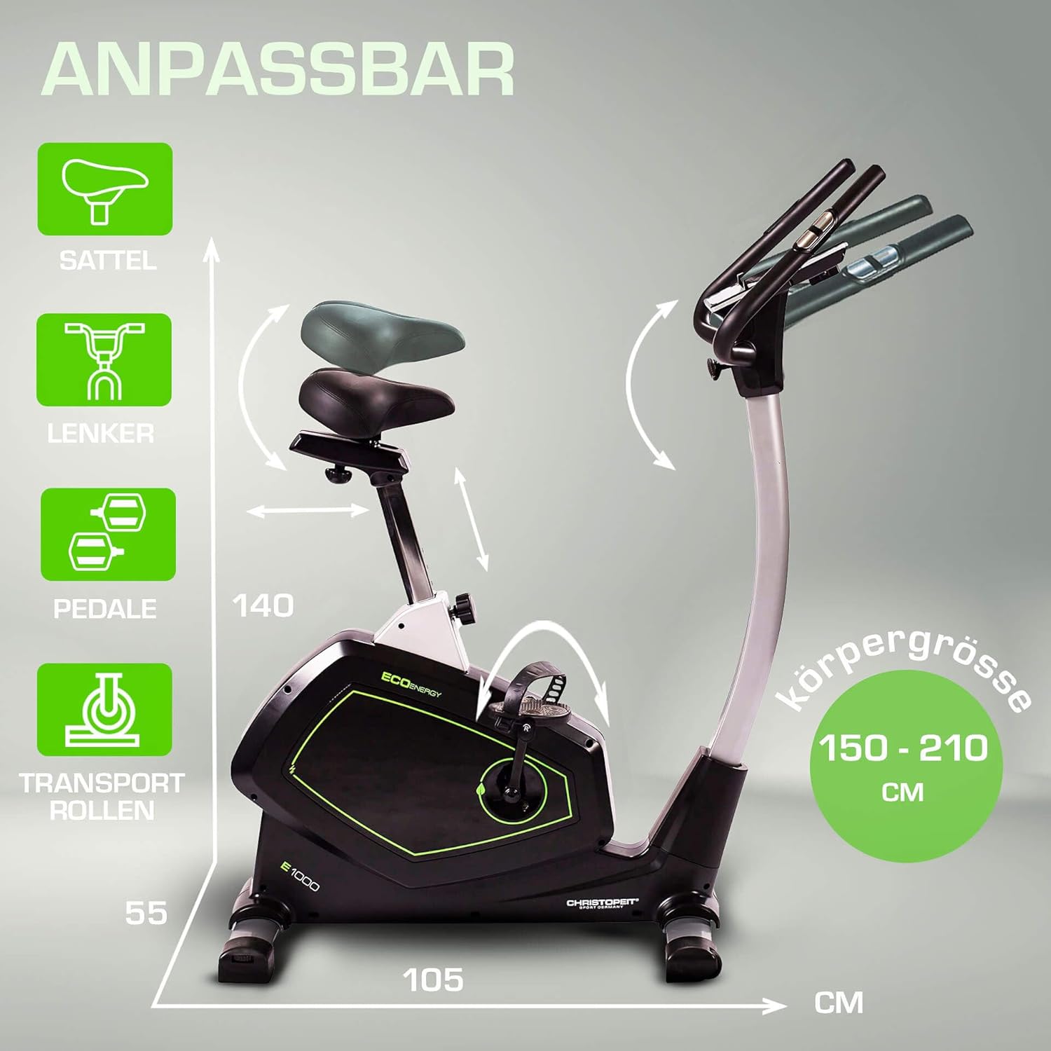 Christopeit Ergometer Heimtrainer Eco 1000 – Fitnessgerät mit Generator – Kraftloses Training, leise, 10 kg Schwungmasse, Bluetooth, Kinomap App, bis 150 kg – Bild 3