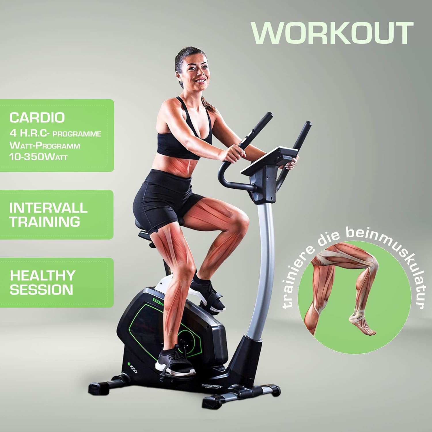 Christopeit Ergometer Heimtrainer Eco 1000 – Fitnessgerät mit Generator – Kraftloses Training, leise, 10 kg Schwungmasse, Bluetooth, Kinomap App, bis 150 kg – Bild 6