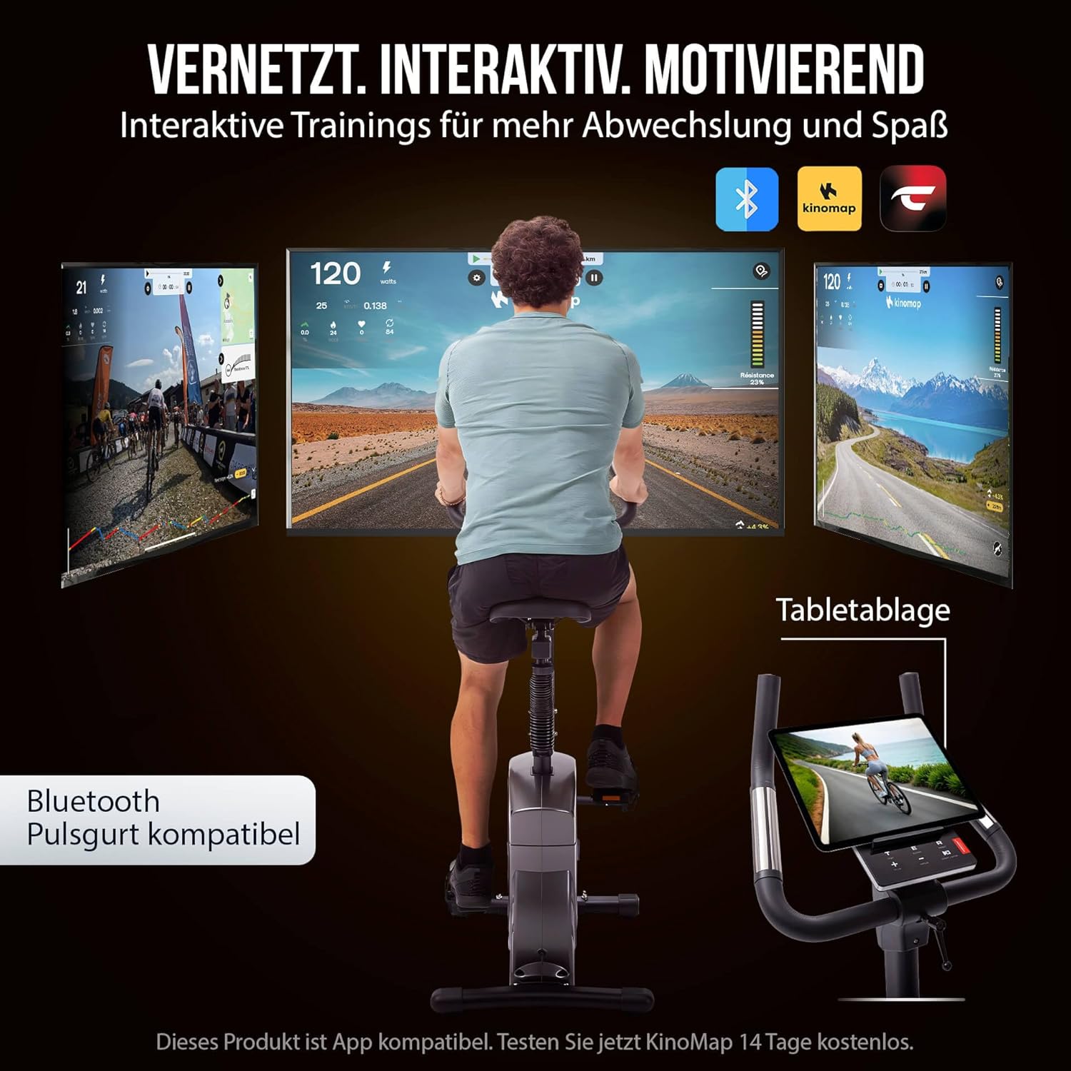 Christopeit Ergometer Heimtrainer Indoor Fahrrad ET 6 mit 24 Widerstandsstufen, bis 150 kg und 200 cm, 12 kg Magnetbremssystem, Kinomap, Bluetooth, Pulsmessung – Bild 5