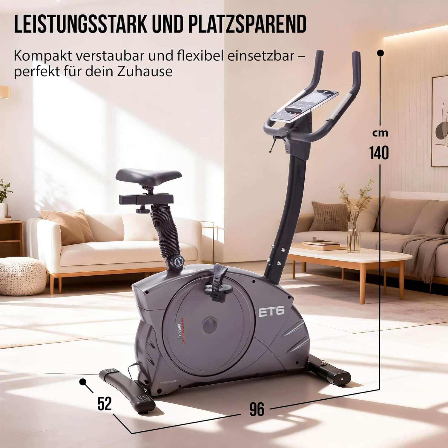 Christopeit Ergometer Heimtrainer Indoor Fahrrad ET 6 mit 24 Widerstandsstufen, bis 150 kg und 200 cm, 12 kg Magnetbremssystem, Kinomap, Bluetooth, Pulsmessung – Bild 7