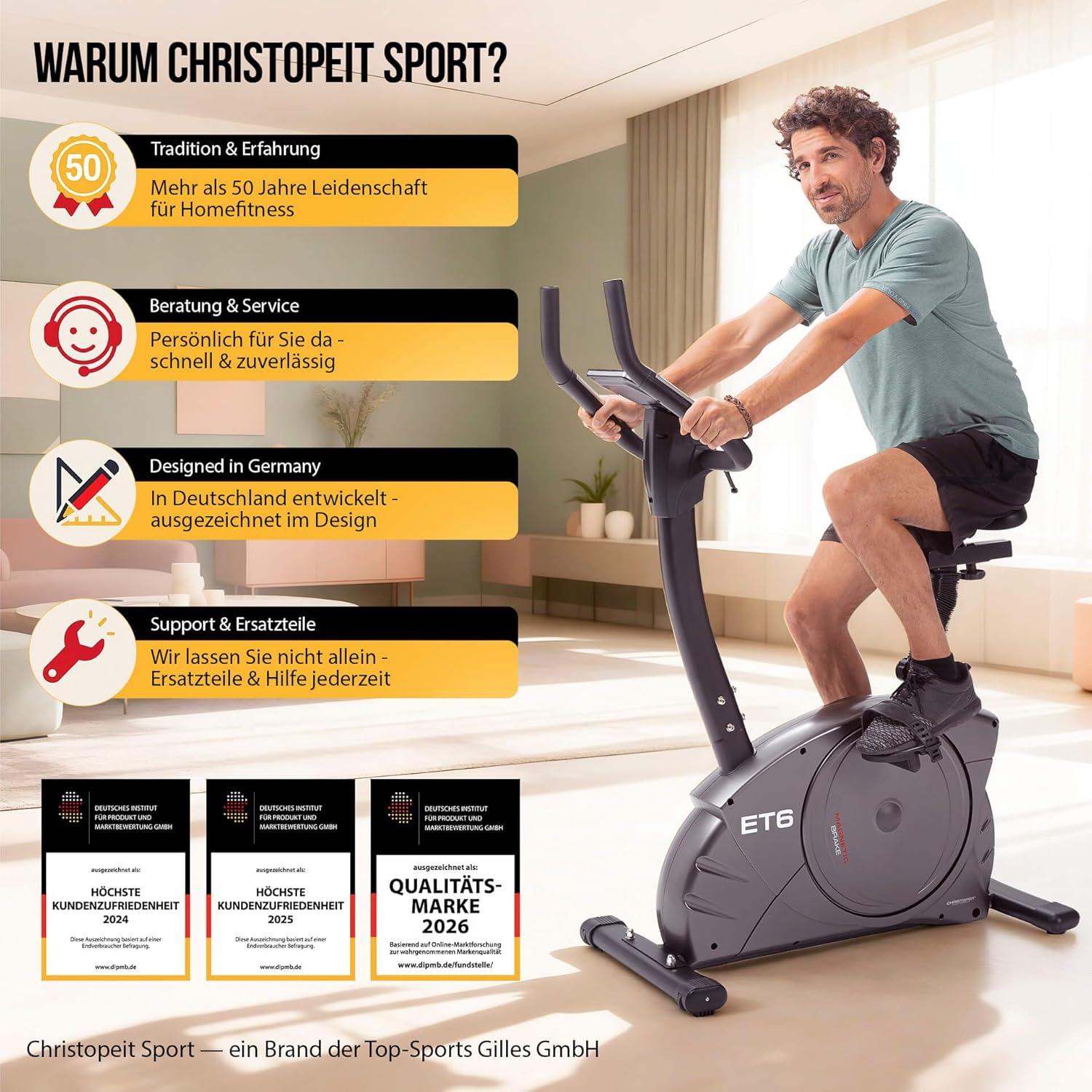 Christopeit Ergometer Heimtrainer Indoor Fahrrad ET 6 mit 24 Widerstandsstufen, bis 150 kg und 200 cm, 12 kg Magnetbremssystem, Kinomap, Bluetooth, Pulsmessung – Bild 8