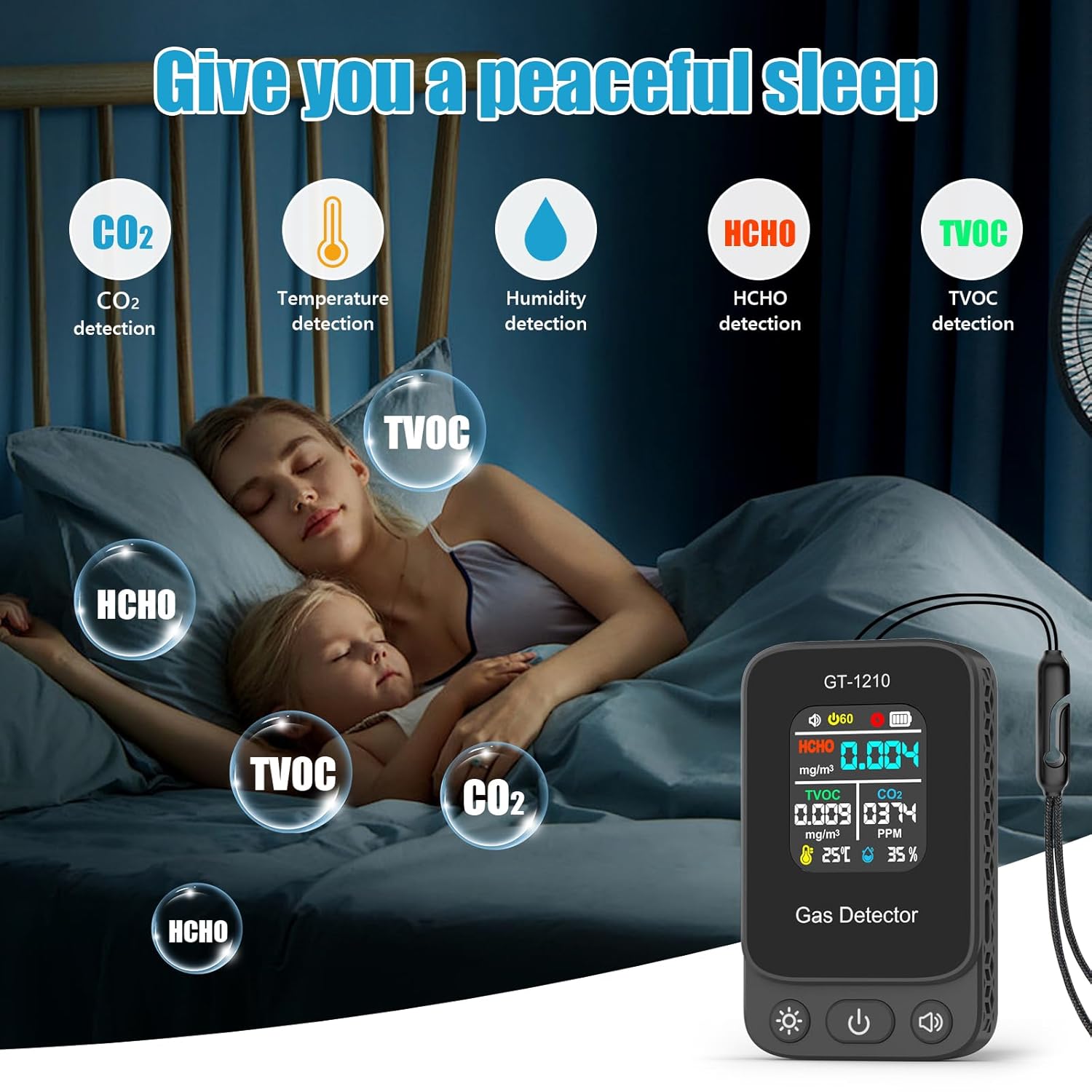5-in-1-Raumluftqualitätsdetektor, professioneller CO2-Monitor, Raumluftqualitätsmonitor zum Testen von TVOC, HCHO, CO₂-Temperatur und Feuchtigkeit, für Zuhause, Büro (Schwarz) – Bild 3