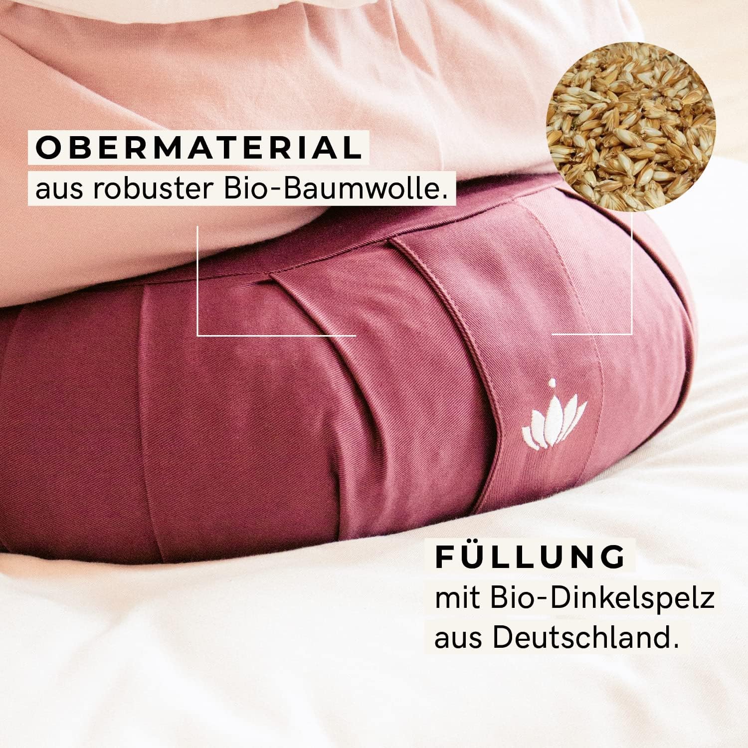 Lotuscrafts Zafu Zen Meditationskissen, Yogakissen, Sitzhöhe 15 cm, Yoga Zafu Kissen mit Dinkelfüllung, waschbarer Bezug aus Bio-Baumwolle, GOTS zertifiziert, mit Stickerei – Bild 5