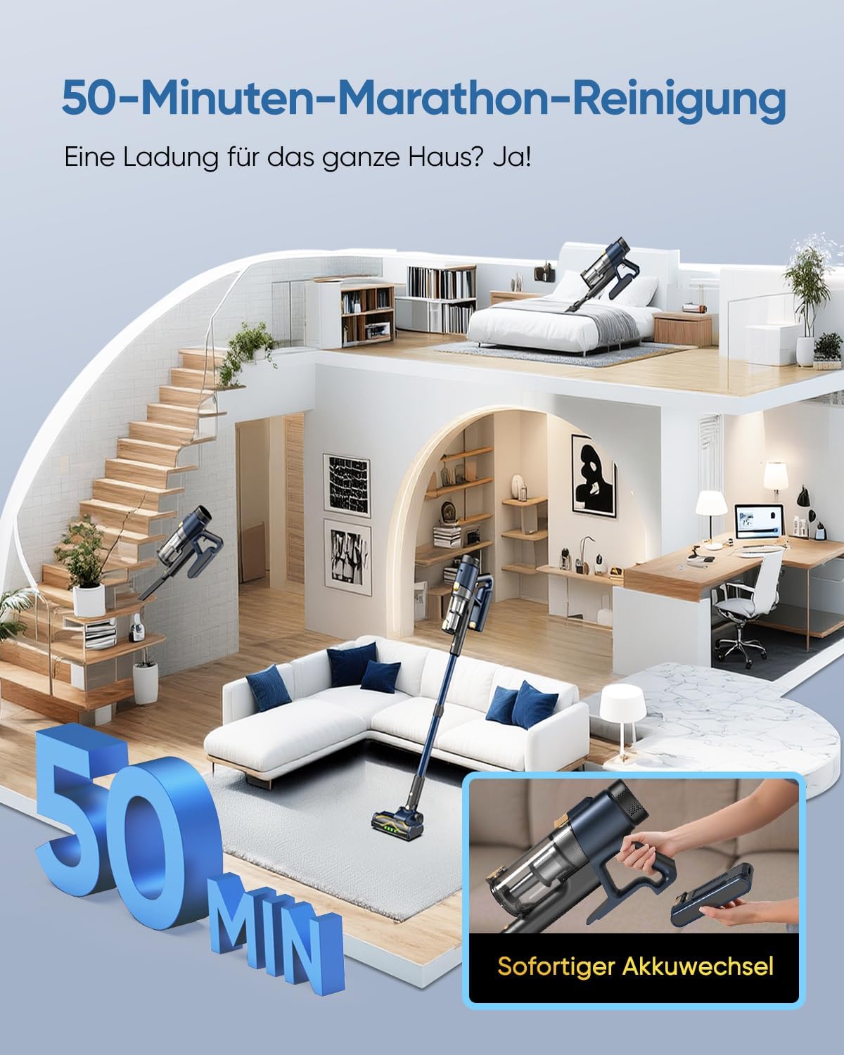 Vexilar Leichter Akku-Staubsauger, 50 Kpa/50 Min/450 W, Akku-Staubsauger mit LED-Touchscreen und grünem Licht, 6-in-1 Akku-Staubsauger für Teppich, Hartböden, Tierhaare, Auto – Bild 4