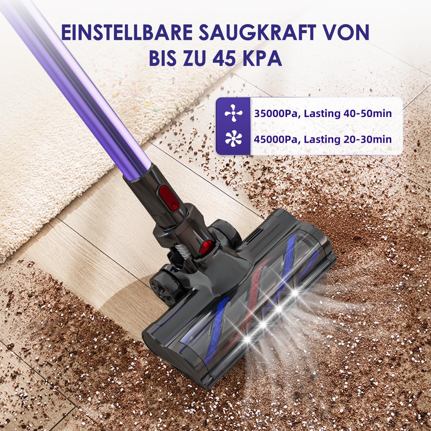 Akku-Staubsauger Kabellos, 45000Pa Kabelloser Staubsauger mit Touchscreen, 50 Min., 1,6 l, H13 HEPA, Anti-Tangle-Bürste, für Hartböden/Teppich/Tierhaare, Dunkelviolett – Bild 2
