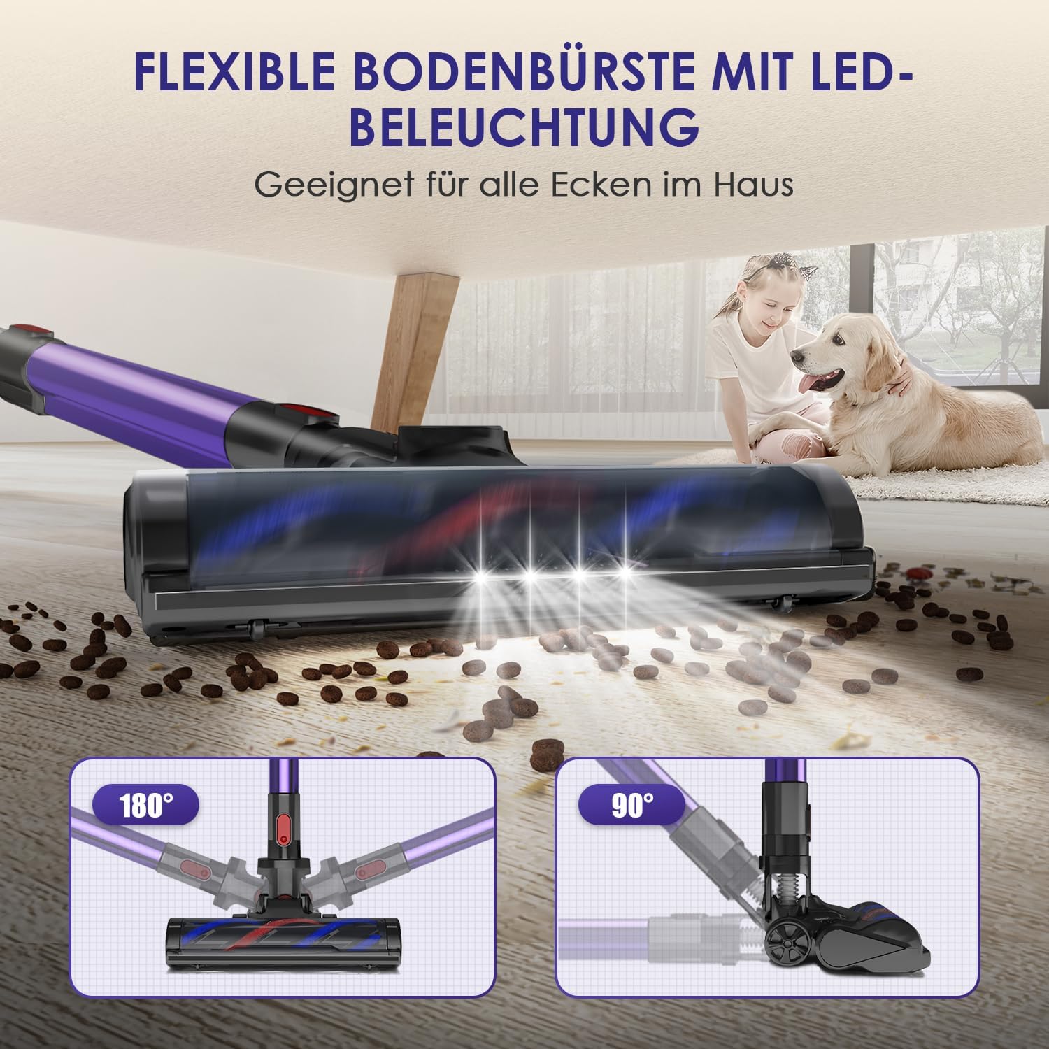 Akku-Staubsauger Kabellos, 45000Pa Kabelloser Staubsauger mit Touchscreen, 50 Min., 1,6 l, H13 HEPA, Anti-Tangle-Bürste, für Hartböden/Teppich/Tierhaare, Dunkelviolett – Bild 7