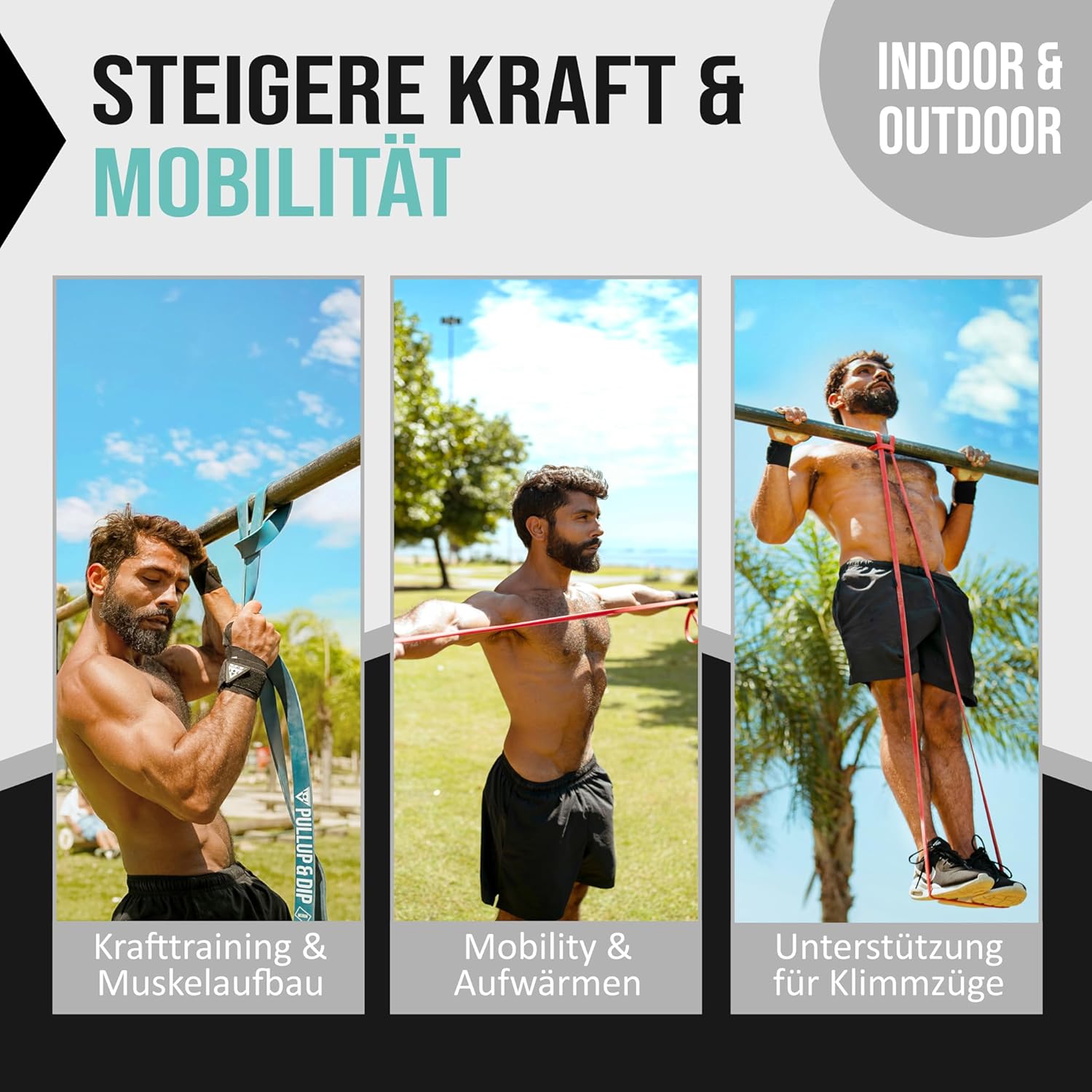 PULLUP & DIP Fitnessbänder, Widerstandsbänder mit Tasche, Türanker (mit Sets) und Übungsanleitung, einzeln & im Vorteilsset, Pull-Up Band Fitnessband für Calisthenics – Bild 6