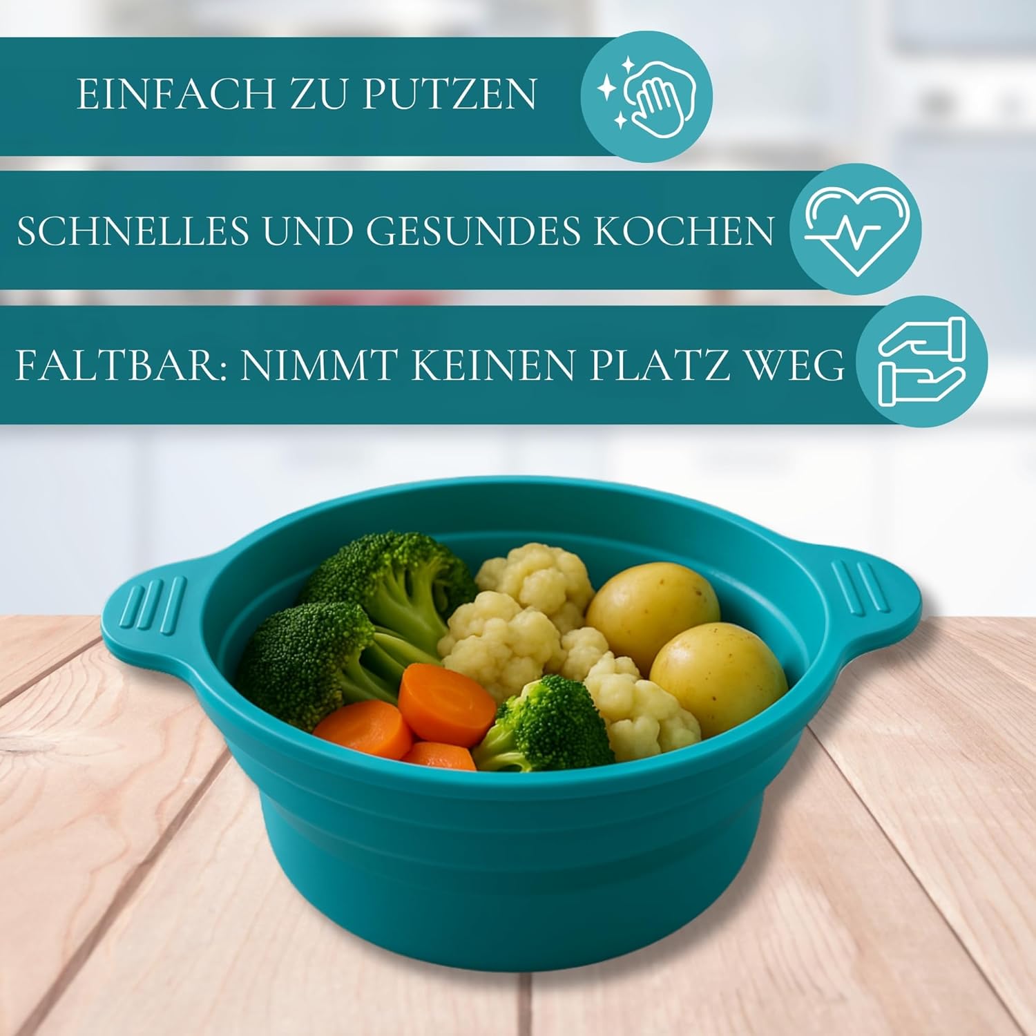 Dampfgarer für Mikrowelle und Backofen 1200 ml, faltbare Silikon-Dampfbox, schnelles und gesundes Kochen, einfach zu lagern und zu transportieren – Bild 2