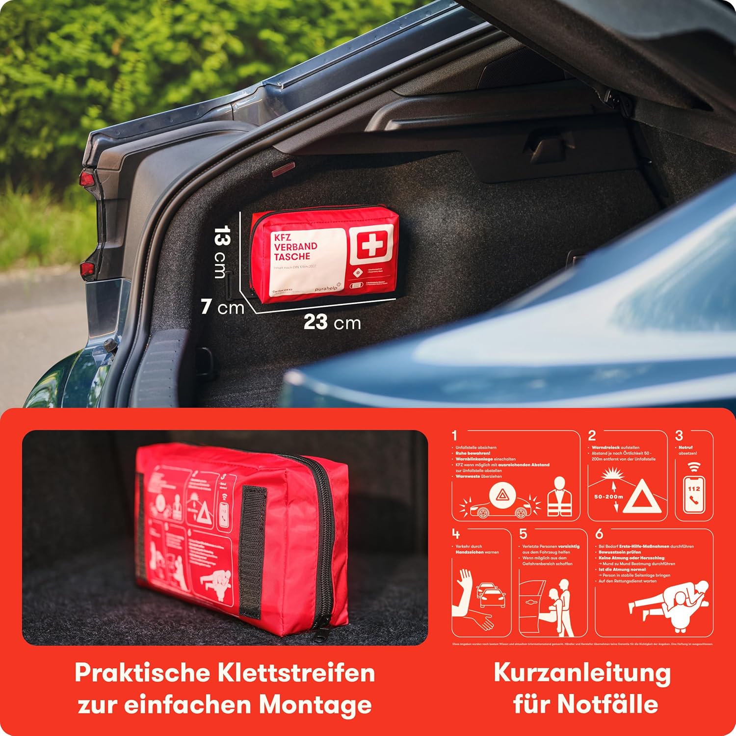 PURAHELP® Erste-Hilfe-Set Auto (DIN 13164) – Auto-Verbandtasche StVO konform für 2025 – Auto-Verbandkasten & Sanicbox für unterwegs – Notfall-Set kompakt – Erste-Hilfe-Set Auto – Bild 5