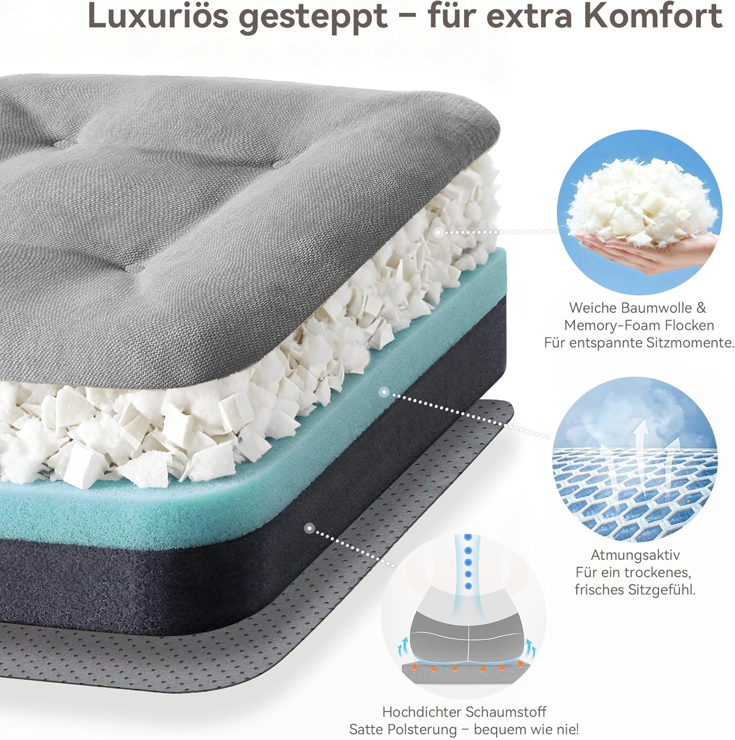 Codi Sitzkissen 40 x 40 x 8 cm, 2er-Set, extra dicke, bequeme Stuhlkissen mit wasserabweisendem Bezug – waschbare, rutschfeste Memory-Schaum-Sitzkissen für Stuhl, Outdoor- und Gartenstuhl, grau – Bild 2