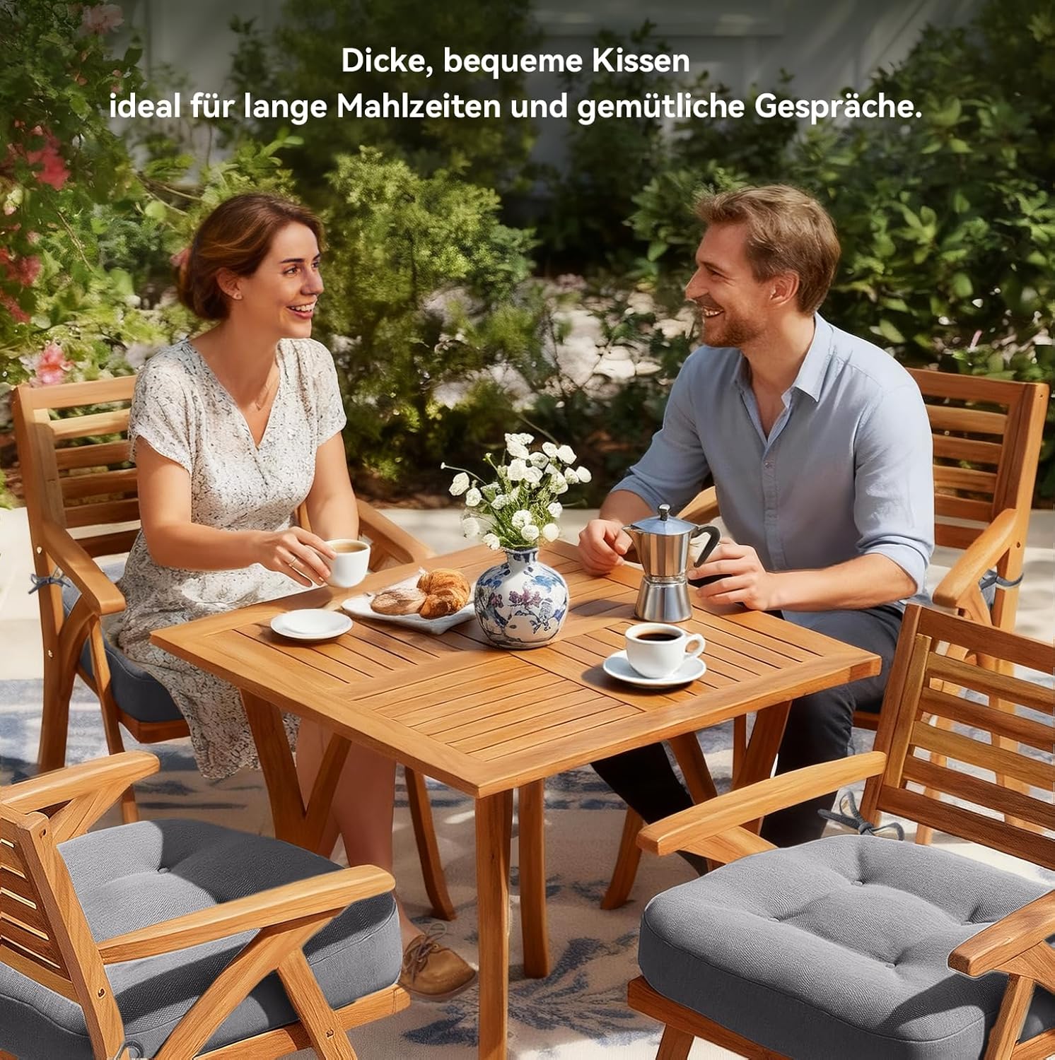 Codi Sitzkissen 40 x 40 x 8 cm, 2er-Set, extra dicke, bequeme Stuhlkissen mit wasserabweisendem Bezug – waschbare, rutschfeste Memory-Schaum-Sitzkissen für Stuhl, Outdoor- und Gartenstuhl, grau – Bild 5