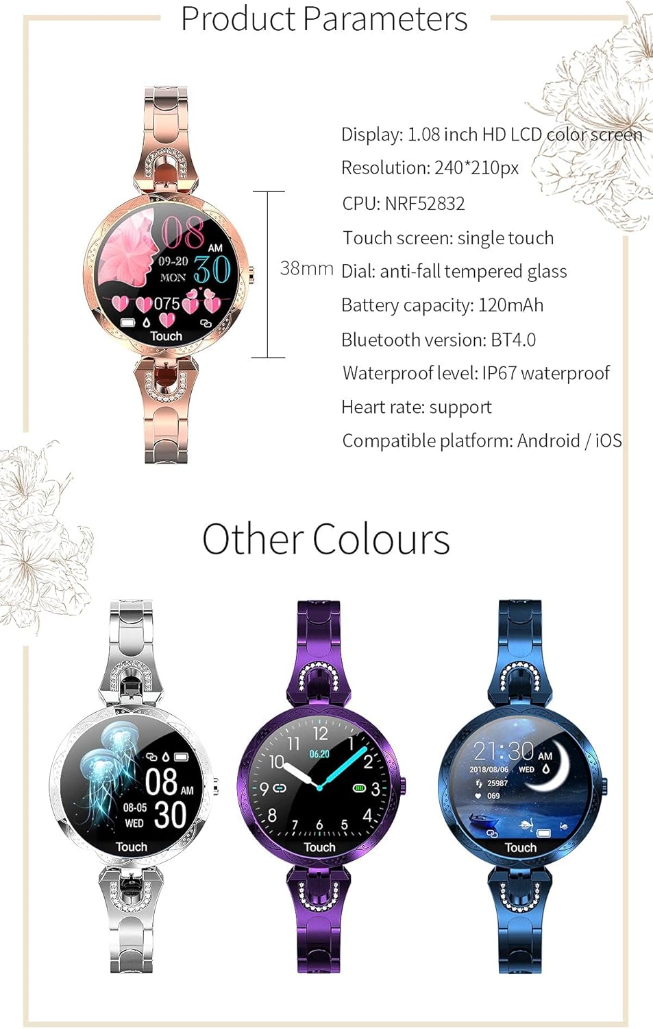 Smartwatch für Damen, Bluetooth-Smartwatch kompatibel für iOS, Android, iPhone, Samsung, Fitness-Tracker mit Herzfrequenz, Blutdruck, wasserdicht, Schrittzähler, Schlafaktivität (blau) – Bild 8