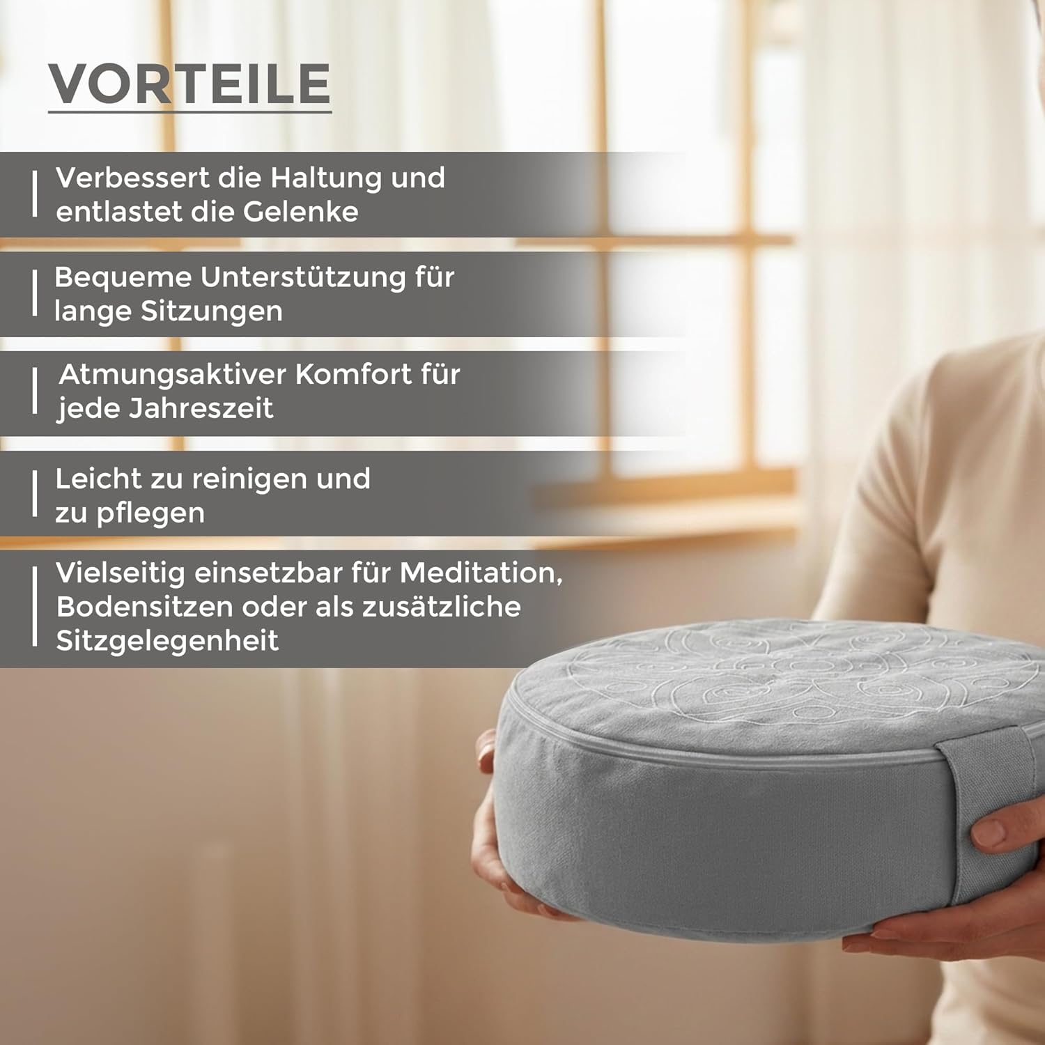 Omok Ergonomisches Yogakissen für Meditation & Entspannung, abnehmbares & waschbares rundes Sitzkissen mit Buchweizenfüllung, nachhaltiges Boden- & Sitzkissen (Grau, 30 x 10 cm) – Bild 3