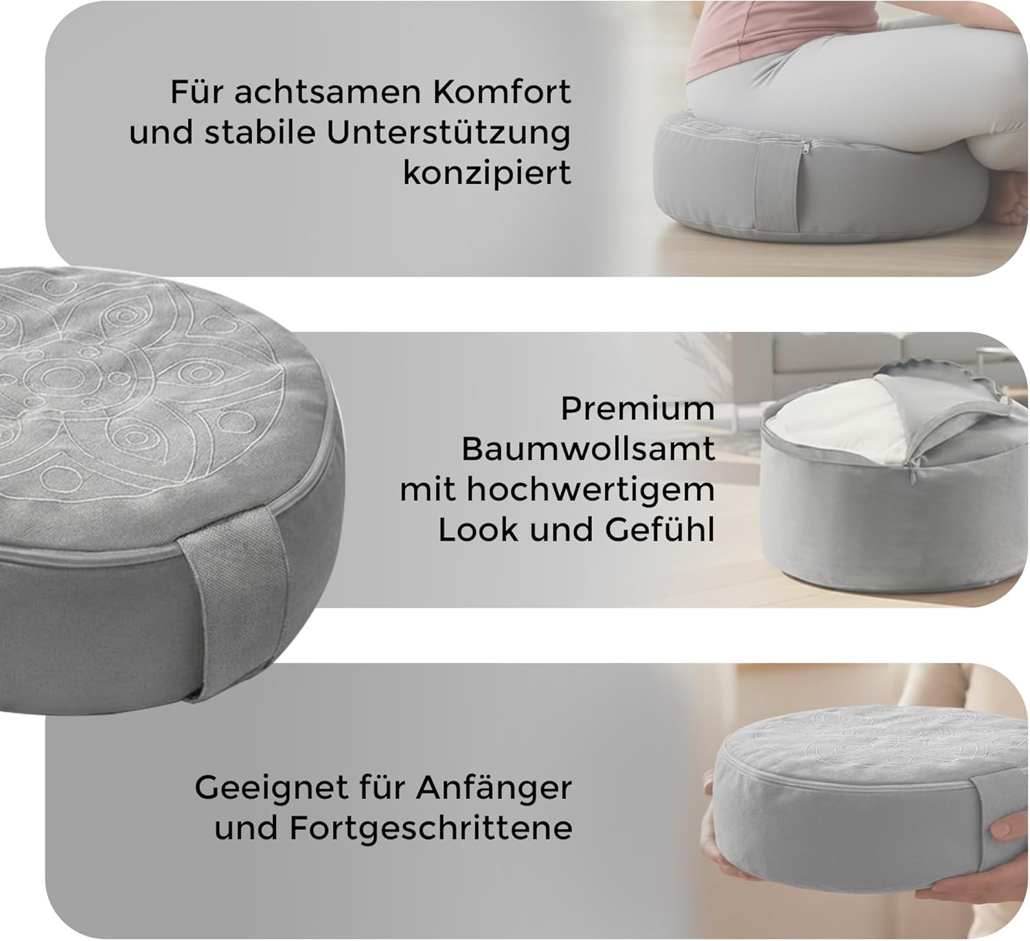 Omok Ergonomisches Yogakissen für Meditation & Entspannung, abnehmbares & waschbares rundes Sitzkissen mit Buchweizenfüllung, nachhaltiges Boden- & Sitzkissen (Grau, 30 x 10 cm) – Bild 4