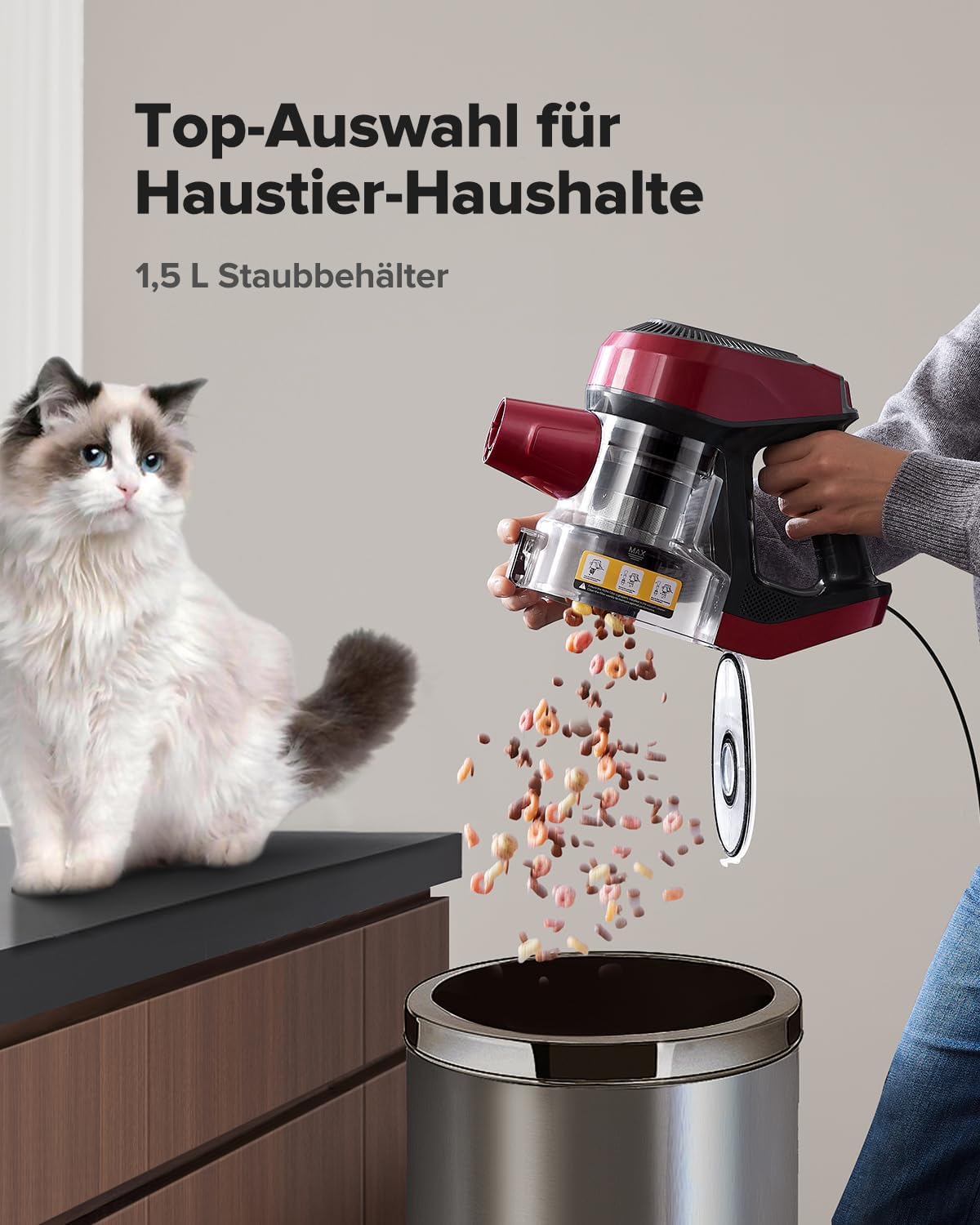 Vexilar C8 Staubsauger mit Kabel – 600 W/60 kPa Handstaubsauger mit 7 m Kabellänge, verwirrungsfreie elektrische Upgrade-Bodenbürste, 1,5 l beutelloser Behälter für Hartböden, Teppiche, Tierhaare – Bild 4