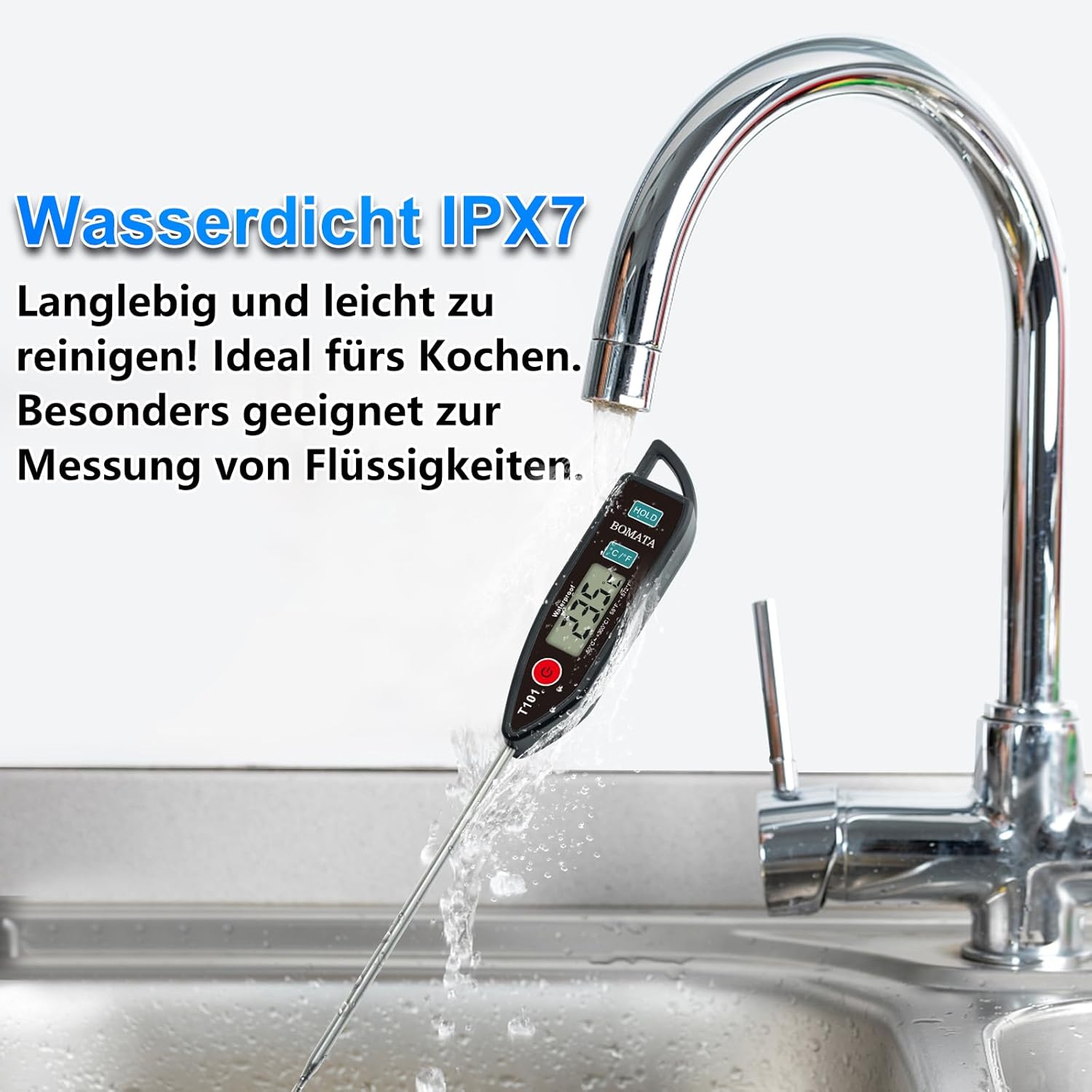 BOMATA 2er-Set wasserdichtes IPX7-Fleischthermometer zur sofortigen Messung der Lebensmitteltemperatur, mit langer Sonde, geeignet für Wasser, Flüssigkeiten, Kochen in der Küche, Grillen und BBQ! 2 Stück (Schwarz und Rot) – Bild 2