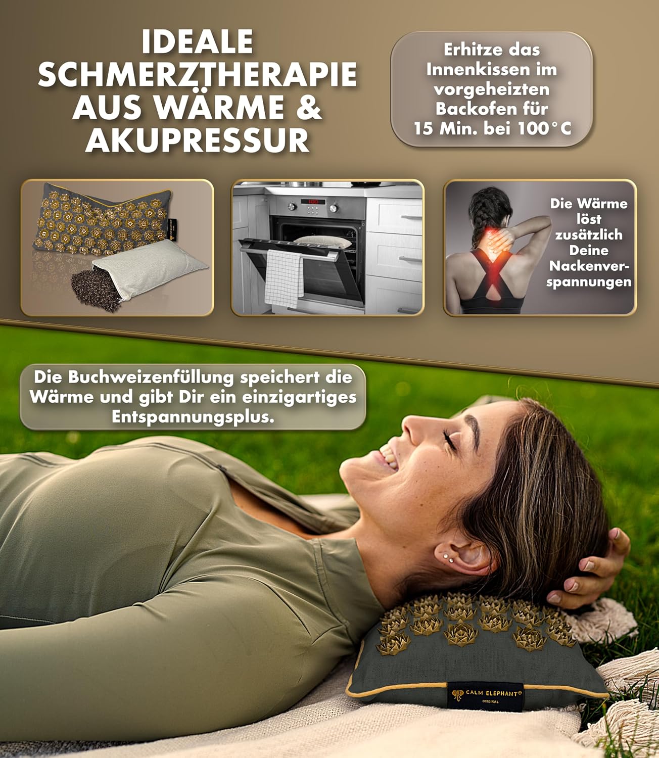 CALM ELEPHANT ORIGINAL Ultimative Akupressurmatte mit Kissen XXL 6er-Set, Massagematte, Rückenverspannungen lösen, Akupunkturmatte, Kissen mit Wärmefunktion, Lendenwirbel- und Kniekissen, Fußmatte, grau – Bild 3