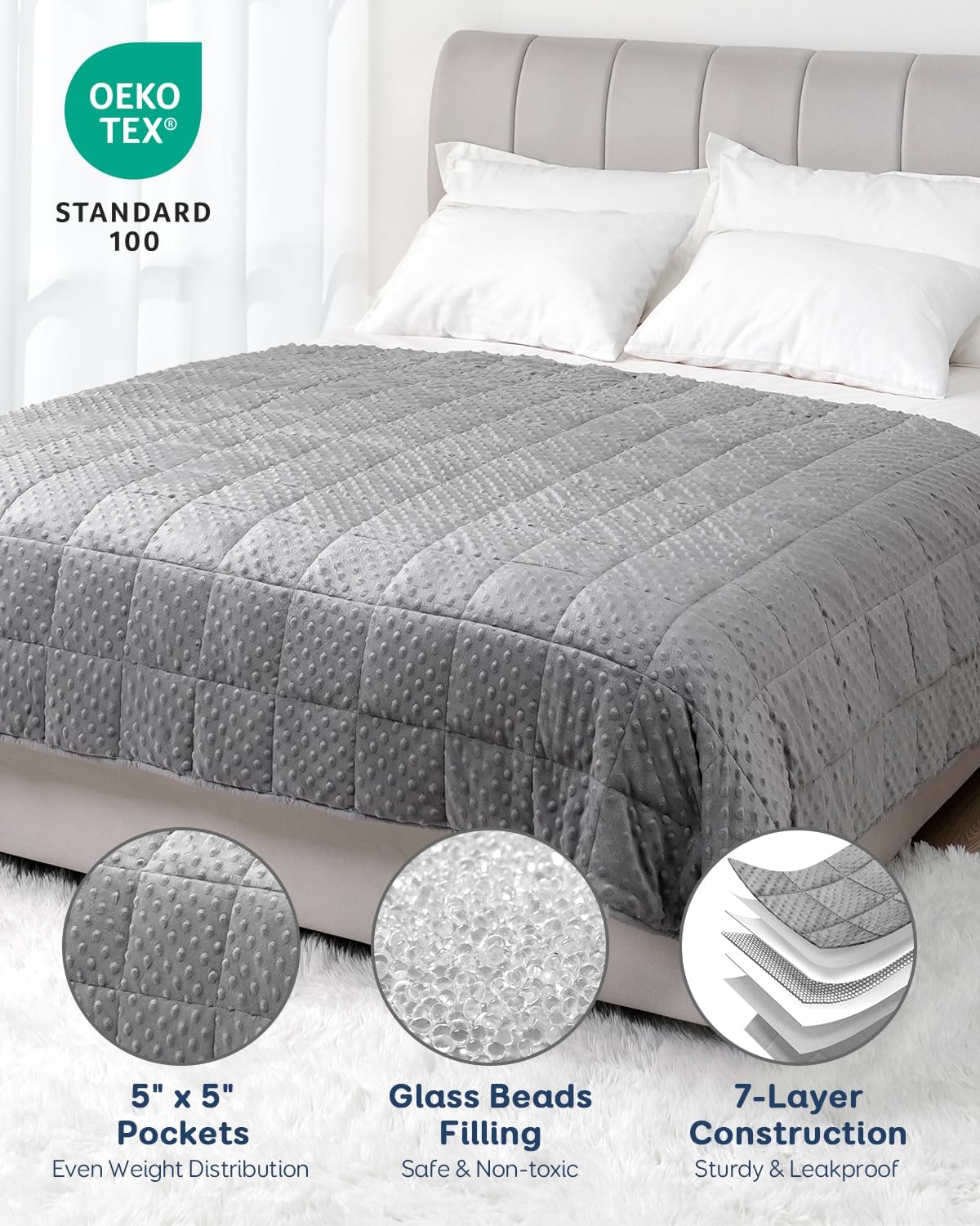 Sivio Minky Dot schwere Decke für Erwachsene, Queen-Size-Größe, 7 kg, weiche, kuschelige Gewichtsdecke für Entspannung und besseren Schlaf, atmungsaktive Jahresdecke mit Glasperlen, grau, 120 x 180 cm – Bild 4