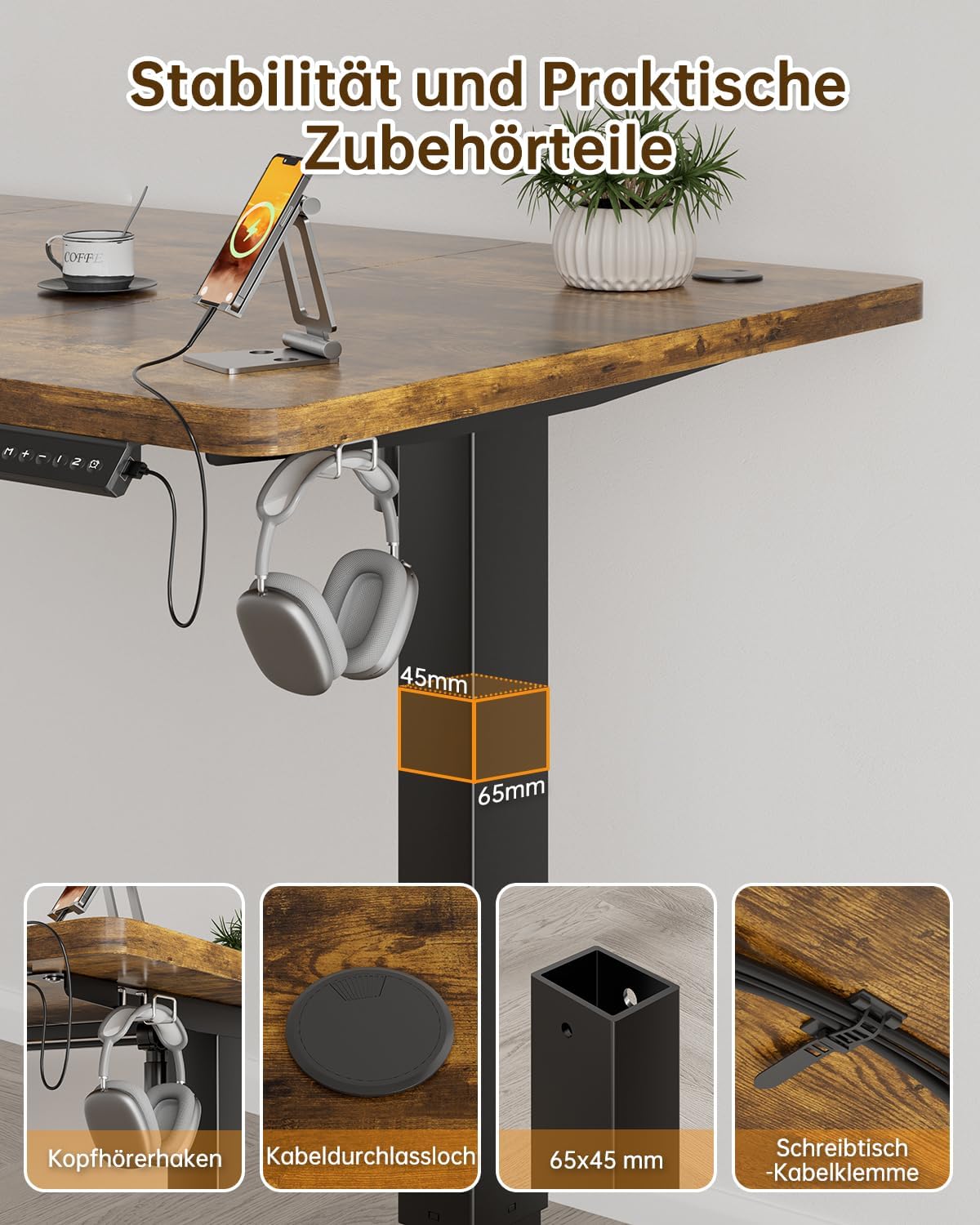 JUMMICO Höhenverstellbarer elektrischer Schreibtisch 100 x 60 cm mit USB-Ladeanschluss, höhenverstellbar, ergonomischer Stehsitztisch, braun – Bild 8