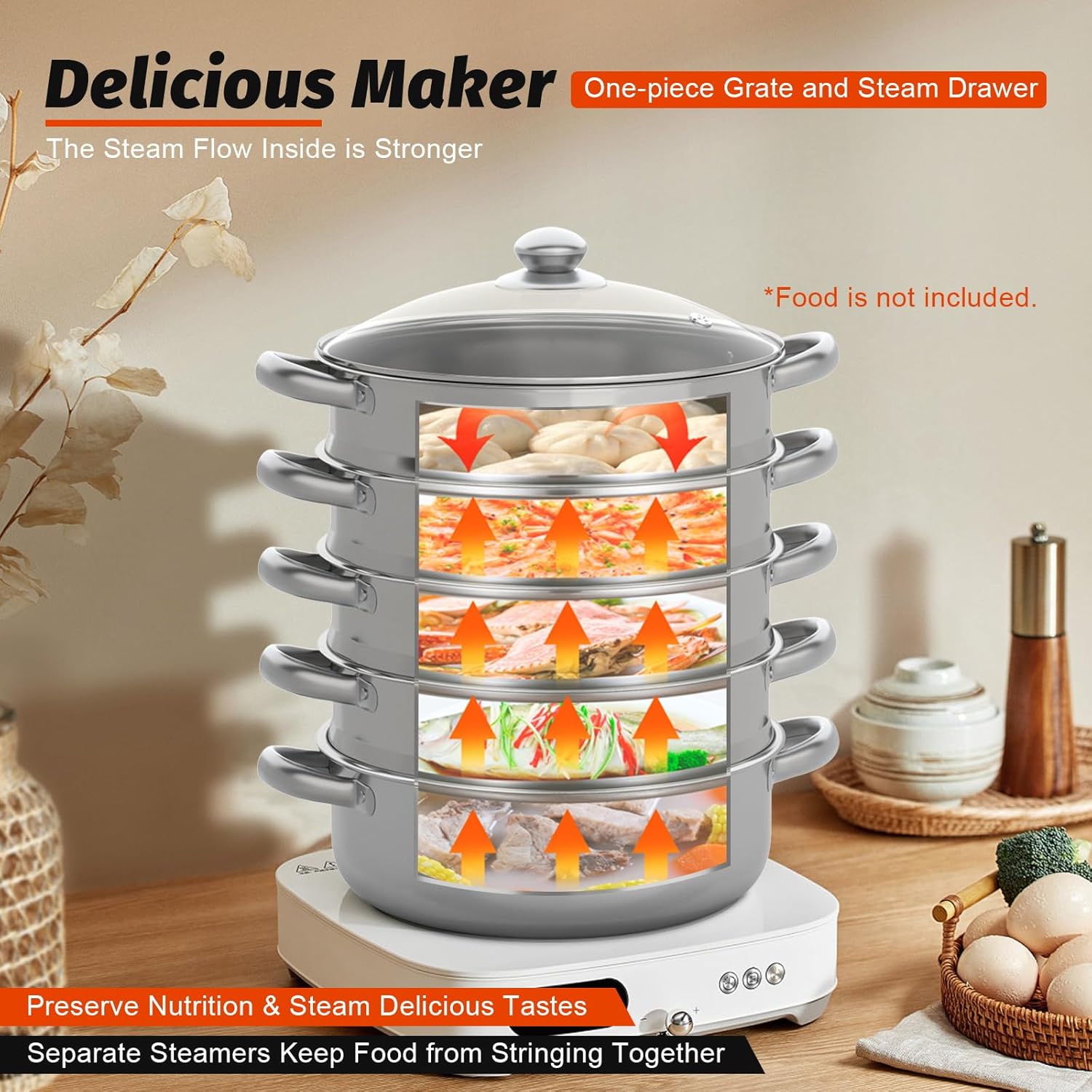 Mantowarka Dampfgarer, Induktions-Dampfgarer 30 cm, Edelstahl-Gemüsedämpfer mit 1 Pfanne und 4 Dampfgarern, Induktions-Kochtopf, Dampfgarer, Dampfgarer zum Kochen (5 Ebenen) – Bild 6