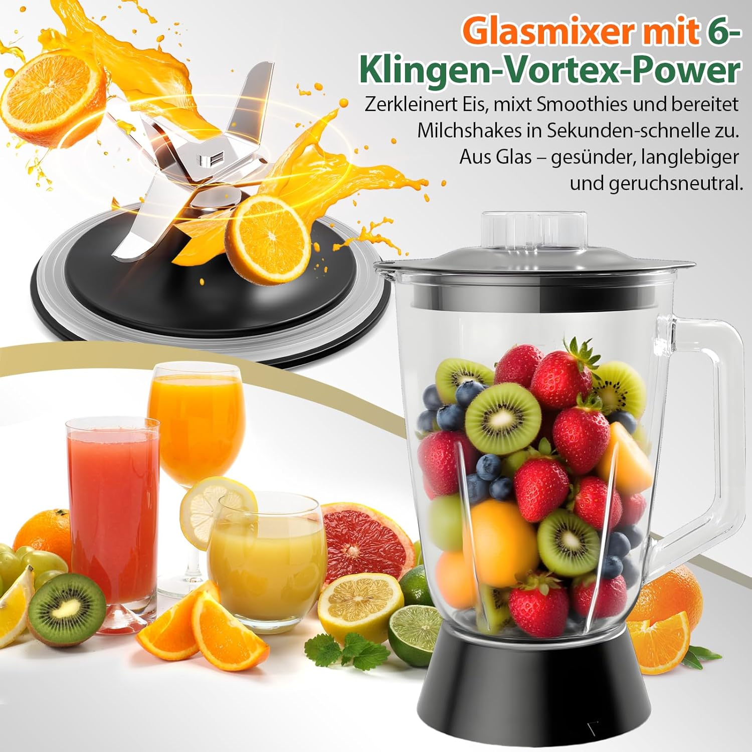 1500 W Küchenmaschine und Mixer-Kombination, 2,5 l Zerkleinerer für Fleisch, Gemüse und Teig, 2 l Standmixer mit Glasbehälter, 2 Geschwindigkeitsstufen und Pulse-Funktion für Smoothies, Saft usw. – Bild 2